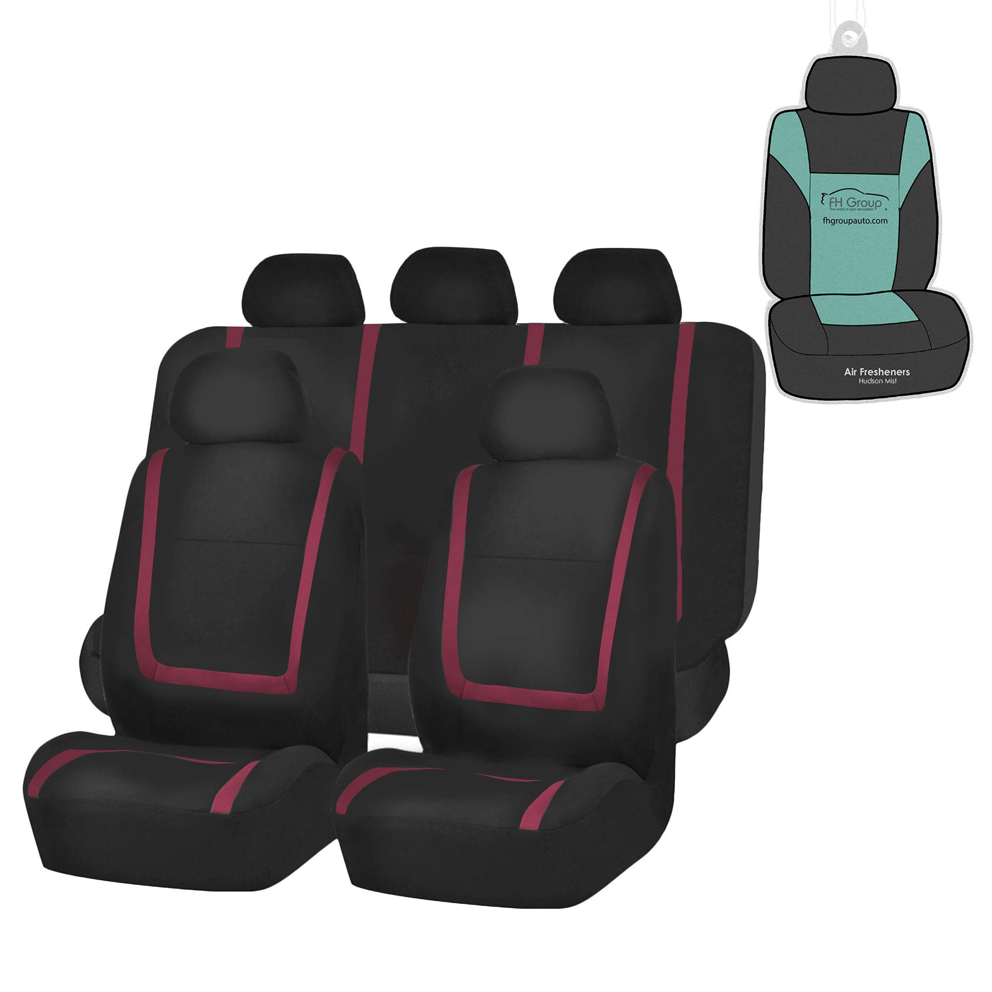 Premium FH Group Car Seat Covers - Universal Fit Flat Cloth Full Set (Front & Rear Bench) - Burgundy & Black Automotive Seat Protectors for Cars, Trucks & SUVs | Perfect for Daily Commute, Road Trips & Family Protection