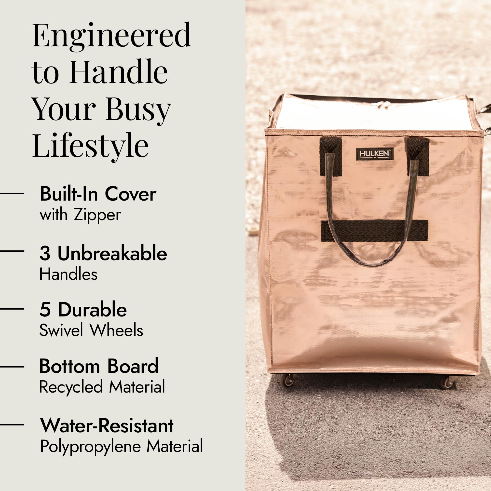Large Rose Gold Reusable Wheeled Grocery Bag - Foldable Shopping Trolley with Zipper Closure, Lightweight Rolling Tote Holds 66 lbs, Durable Unbreakable Handles - Perfect for Grocery Shopping, Farmers Markets & Travel
