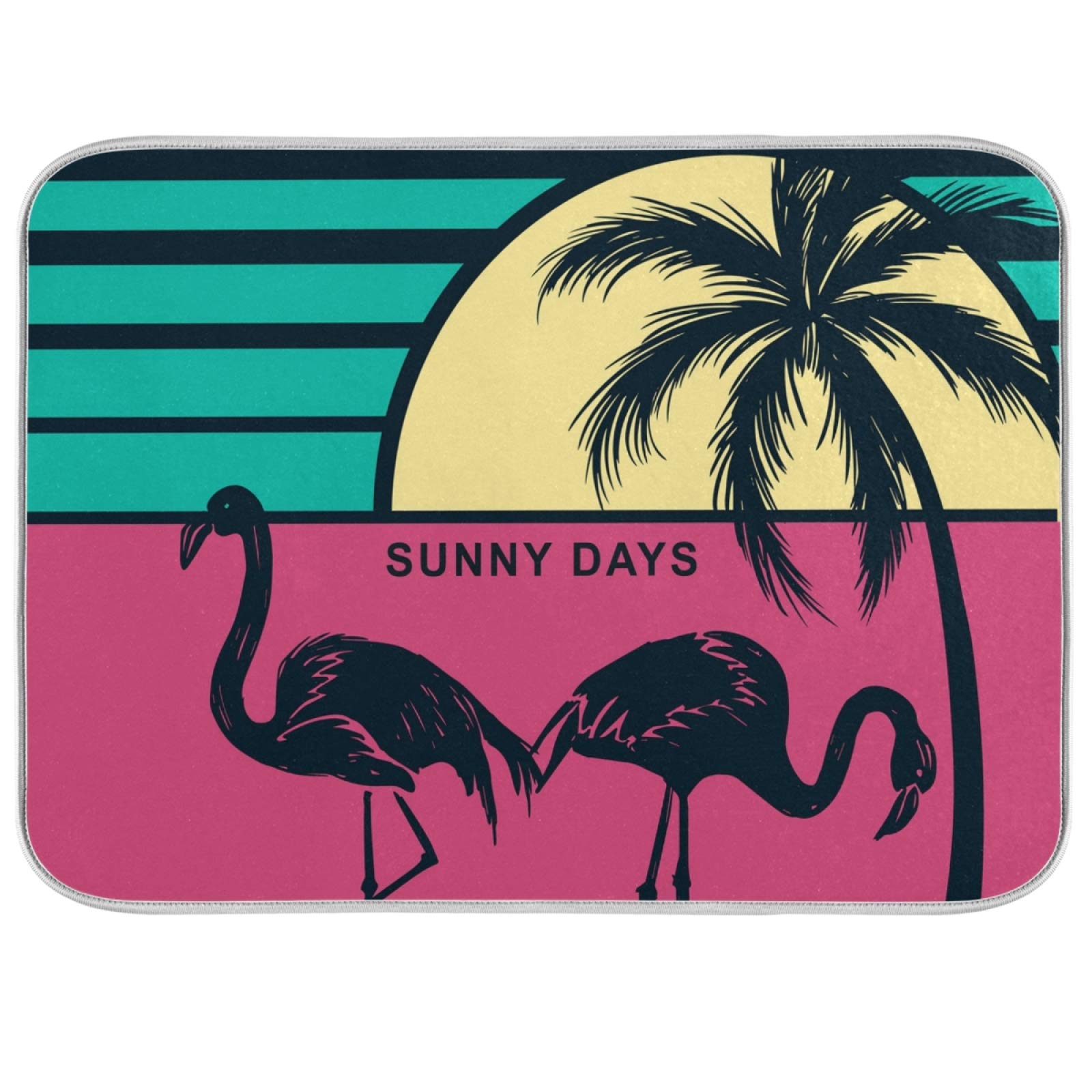 Flamingo Palm Tree Summer Beach Theme Dish Drying Mat - Large 18x24 Inch Absorbent Kitchen Counter Drying Rack Pad for Plates & Utensils - Tropical Decor for Coastal Kitchens, Beach Houses & Summer Entertaining