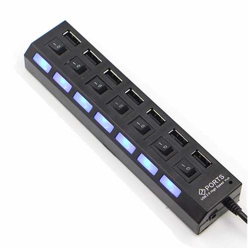 7-Port USB 2.0 Hub with AC Adapter & On/Off Switch - High Speed Data Transfer for PC, Laptop, Mac - Perfect for Home Office, Gaming & Multiple Device Charging