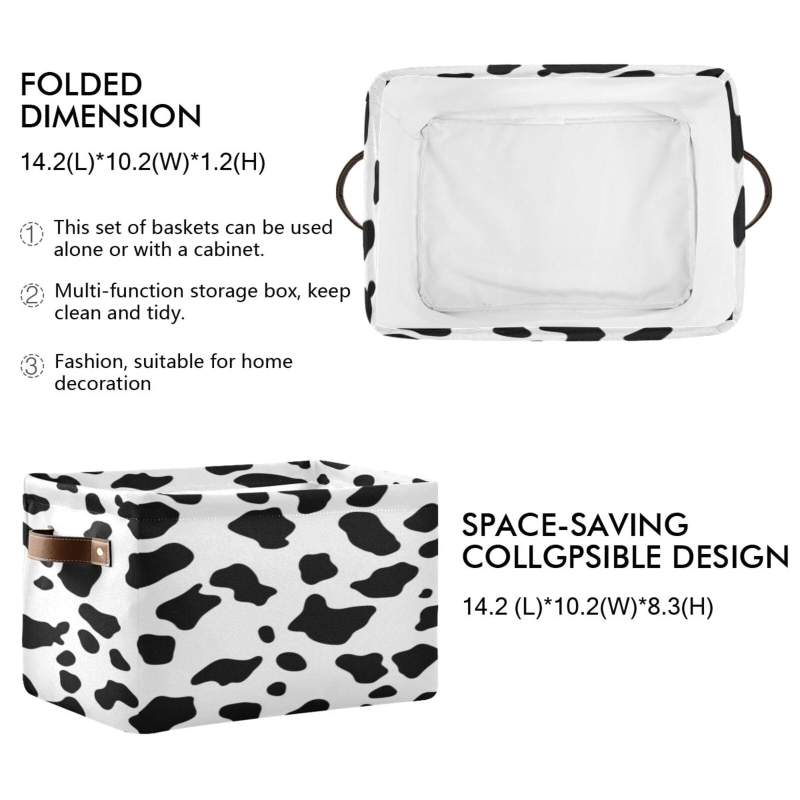 Large Fabric Storage Bins with Handles - Cow Print Collapsible Baskets for Clothes, Toys & Home Organization