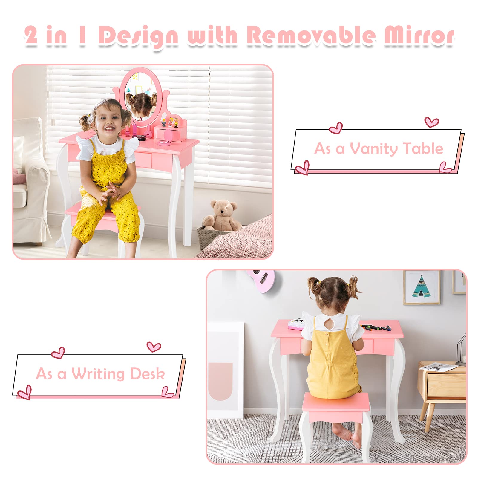KOTEK 2-in-1 Wooden Princess Makeup Vanity Set with 360° Rotating Mirror, Detachable Top & Storage Drawers - Pink Kids Dressing Table with Stool for Girls | Pretend Play, Birthday Gift, Bedroom Decor, Toddler Room Furniture