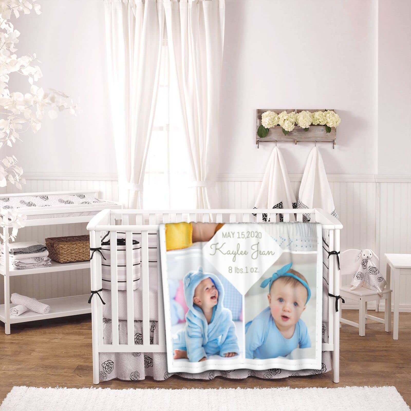 Personalized Baby Blankets with Name & Photo - Custom Newborn Blanket Gift for Boys & Girls - Perfect for Nursery, Christening & Baby Showers - White
