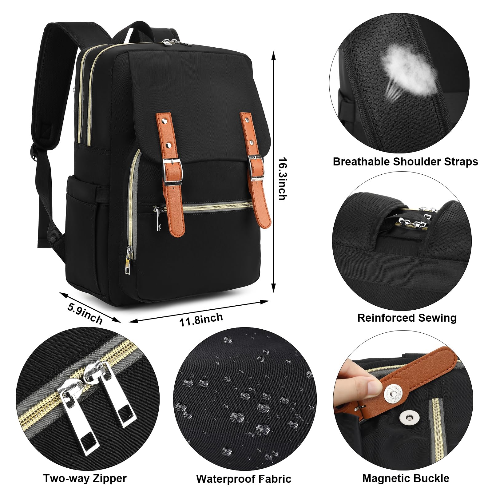 Stylish Laptop Backpack for Women & Girls - Waterproof School, Work & Travel Backpack with USB Charging Port - Fits 15.6 Inch Notebook, College Bookbag - Perfect for Commuting, Business Trips & Campus Life (Black)