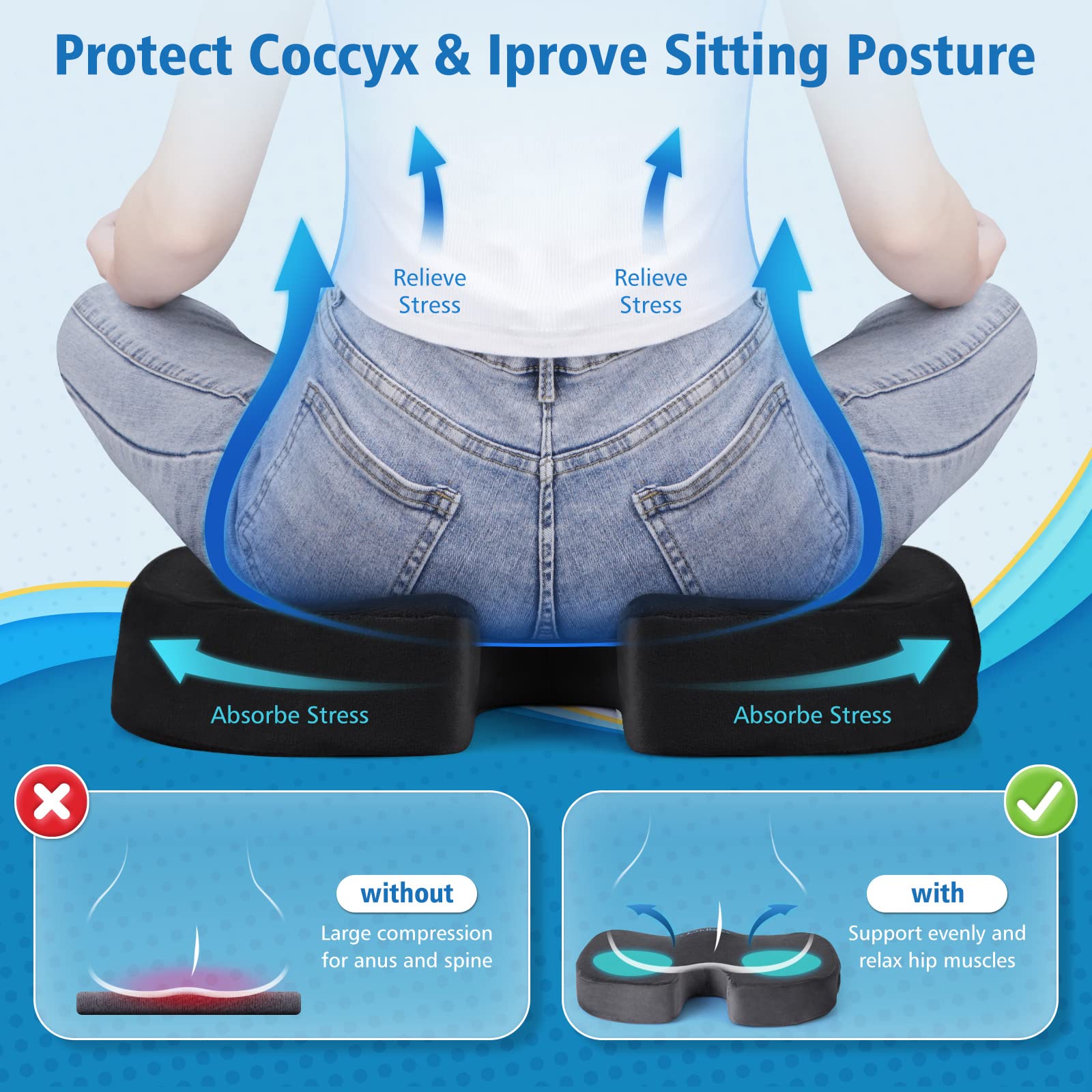 CloudBliss Large Office Chair Seat Cushion with Cooling Gel Memory Foam - Orthopedic Support for Back Pain, Sciatica & Tailbone Relief - Ergonomic Design for Wheelchair, Office, Gaming & Car Use - Black - Perfect for Long Work Hours & Extended Sitting Comfort