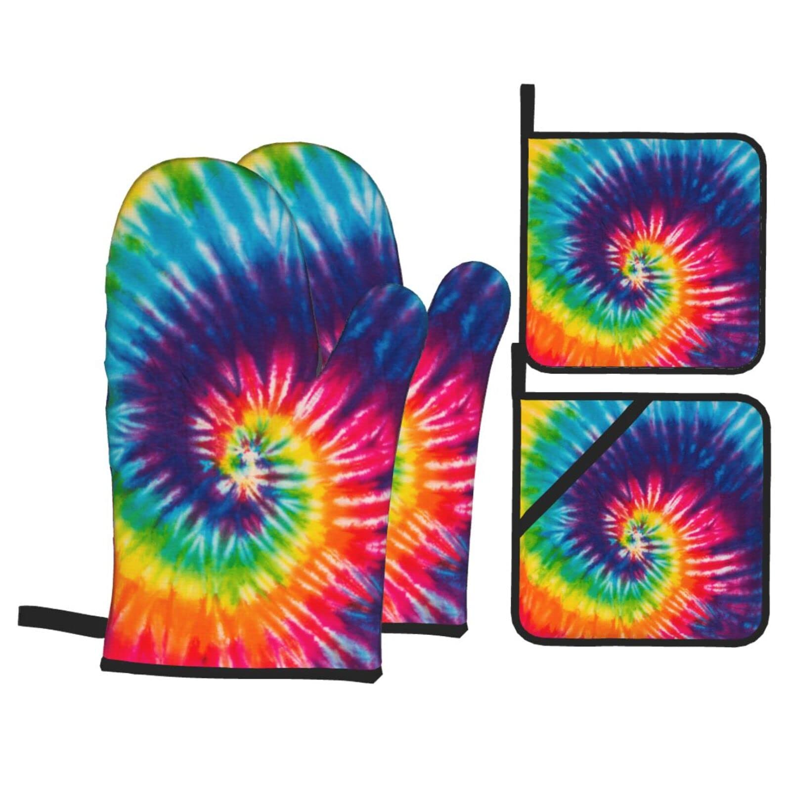 **Rainbow Tie-Dye Oven Mitts & Pot Holders Set of 4 - Heat Resistant, Non-Slip Kitchen Gloves for Baking, Cooking, BBQ & Grilling - Perfect for Home, Restaurant & Outdoor Use**