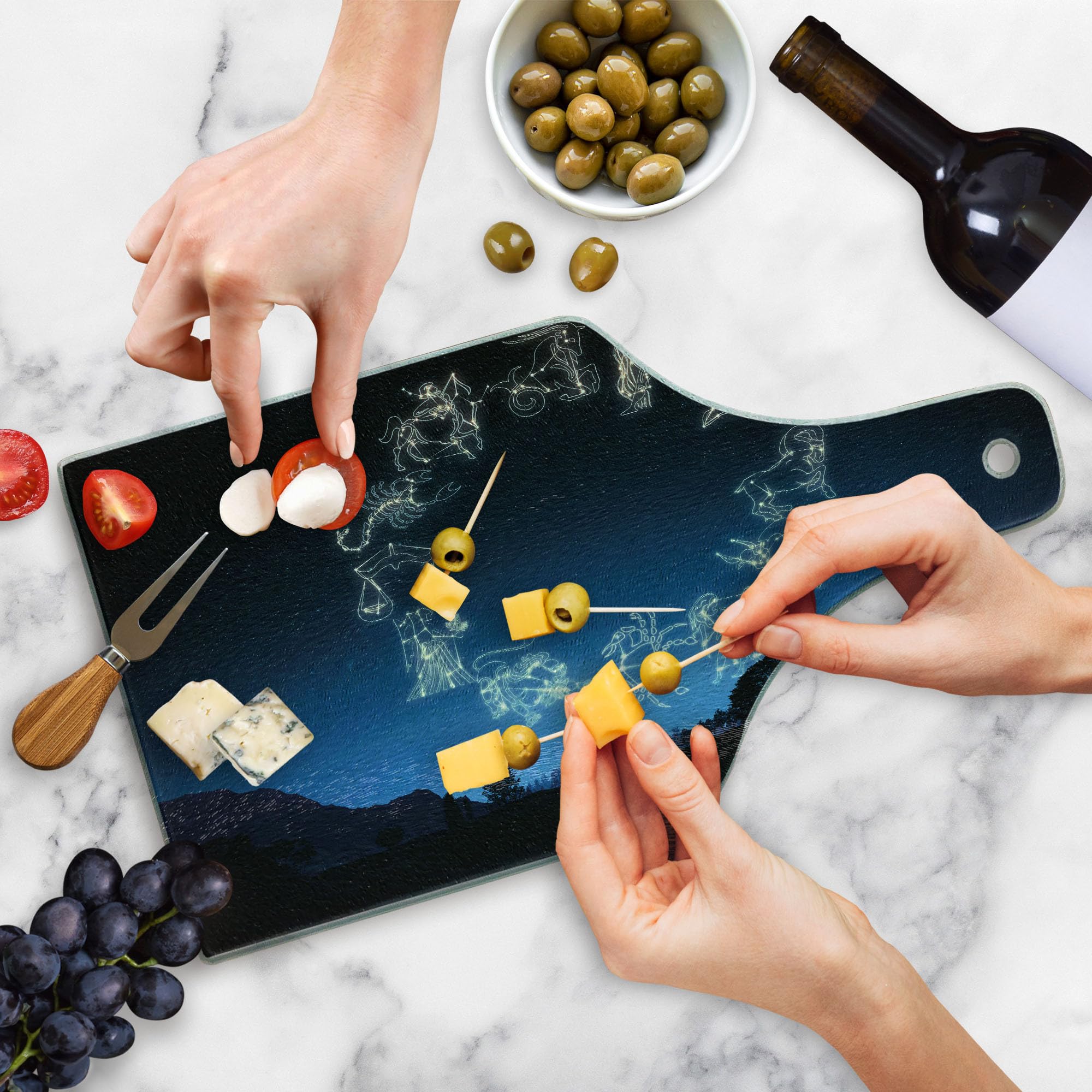 Ambesonne Astrology Cutting Board - Zodiac Sign Design on Tempered Glass, Dark Blue & White Wine Bottle Shape Serving Board for Kitchen & Cheese Platter | Perfect for Home Decor, Dinner Parties & Gift Giving