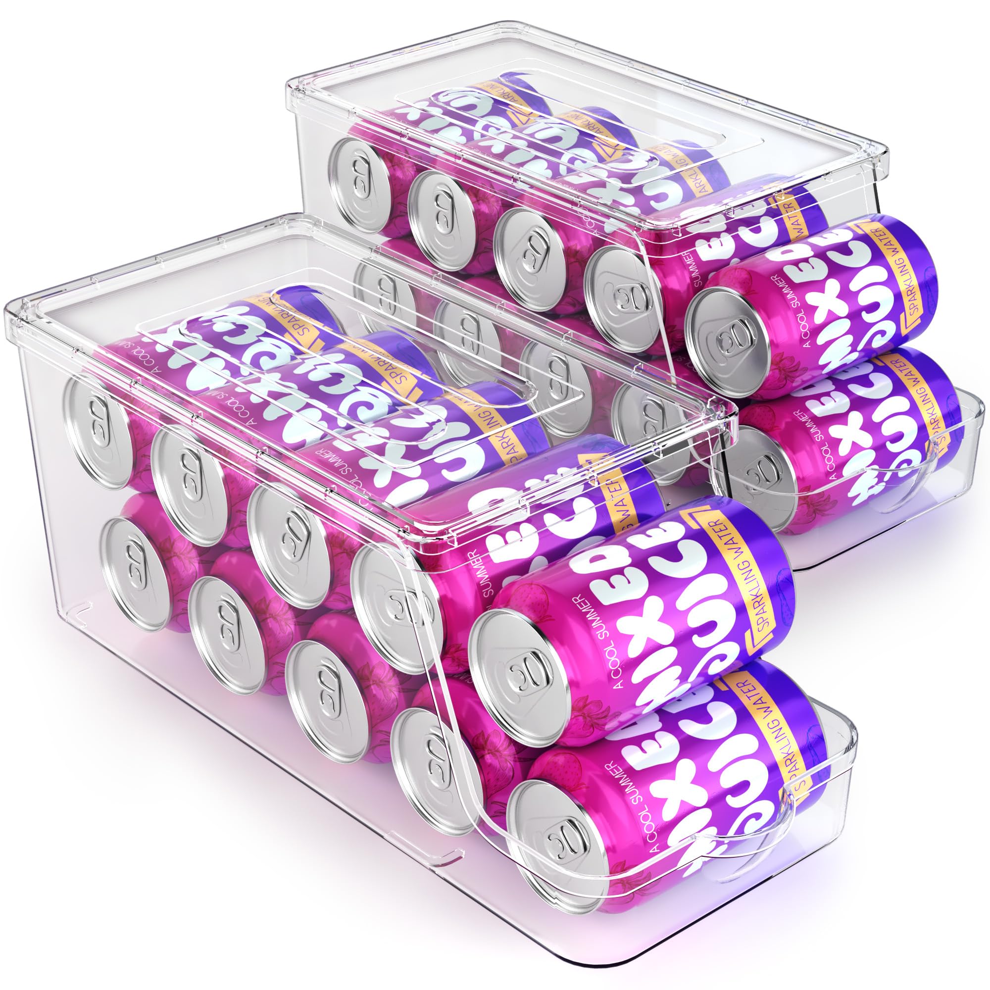 Stackable Clear Plastic Soda Can Dispenser for Refrigerator - 2-Pack Drink Organizer with Lids for Fridge, Freezer, Pantry & Kitchen Cabinets - Perfect for Organizing Cans, Bottles & Beverages in Home or Office