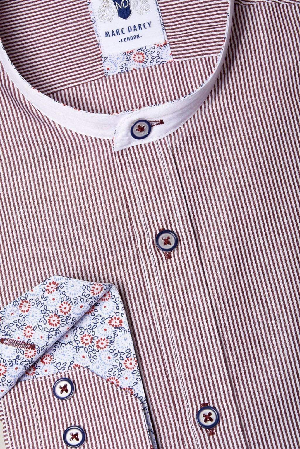 Marc Darcy Cooper Grandad Collar Wine Stripe Shirt for Men - Vintage Style Button Down Casual Shirt - Perfect for Date Night, Office Wear & Weekend Outings