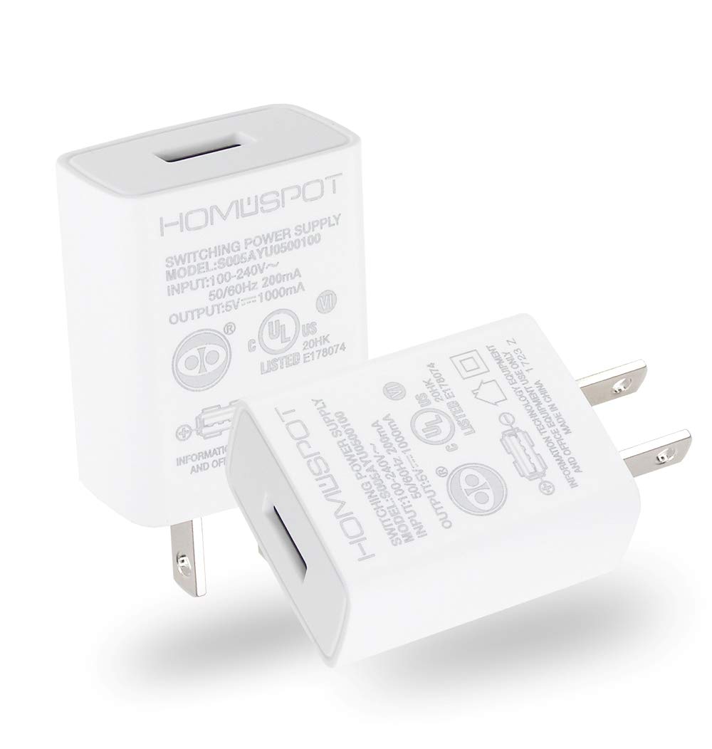 Homespot UL Certified 5V1A USB Wall Charger - 2 Pack White AC Power Adapter for iPhone, Samsung & More - Perfect for Travel, Office & Home Use