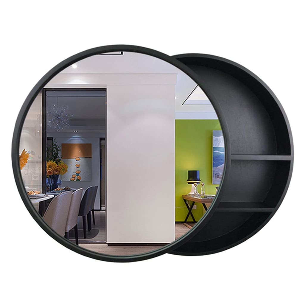 **Black Round Solid Wood Push-Pull Bathroom Mirror Cabinet with Storage - 50cm (19.7 Inches) - Perfect for Small Bathrooms, Vanities & Modern Home Decor**