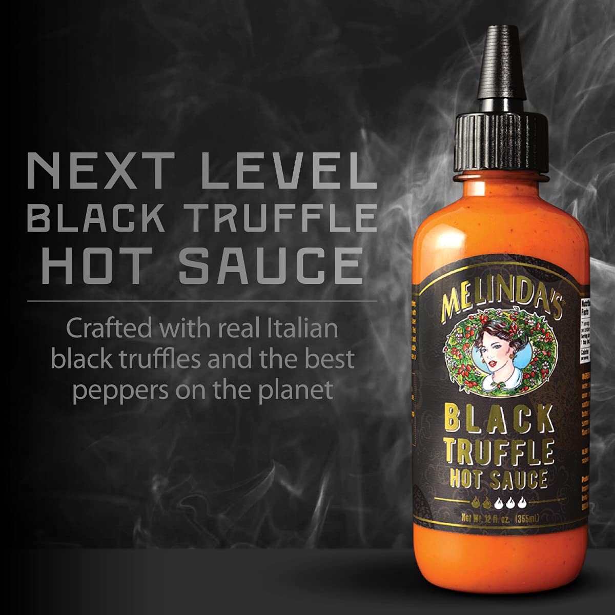 Melinda's Black Truffle Hot Sauce - Premium Gourmet Hot Sauce with Italian Black Truffles, Cayenne Peppers, Garlic & Colombian Honey - Keto Friendly, Sugar Free, Low Carb - 12 oz Bottle - Perfect for Pizza, Pasta, Steak & Charcuterie Boards