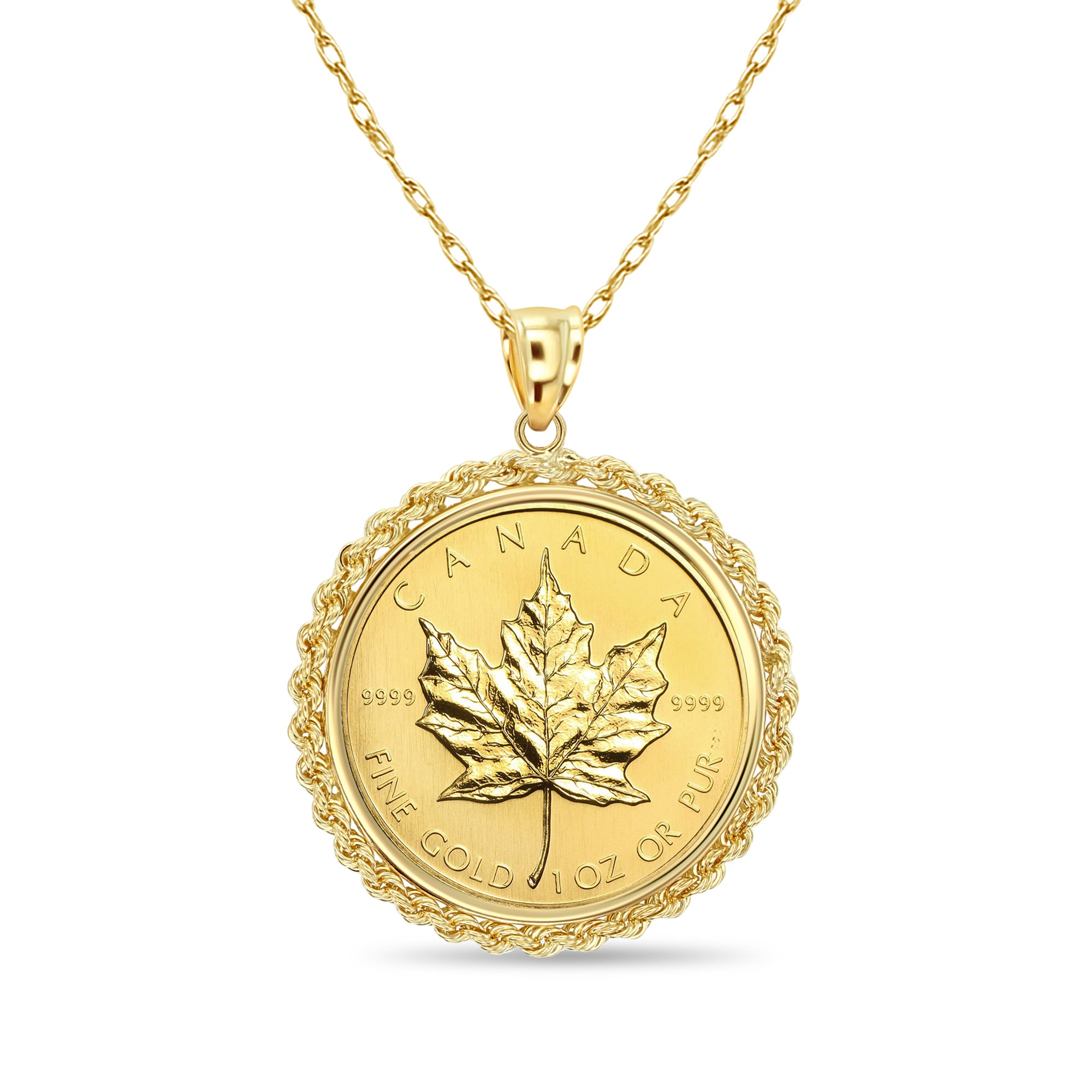 1OZ Canadian Maple Leaf Coin Necklace with 3MM Rope Halo - 24K Gold Plated Pendant for Women & Men - Perfect Gift for Birthday, Anniversary & Special Occasions