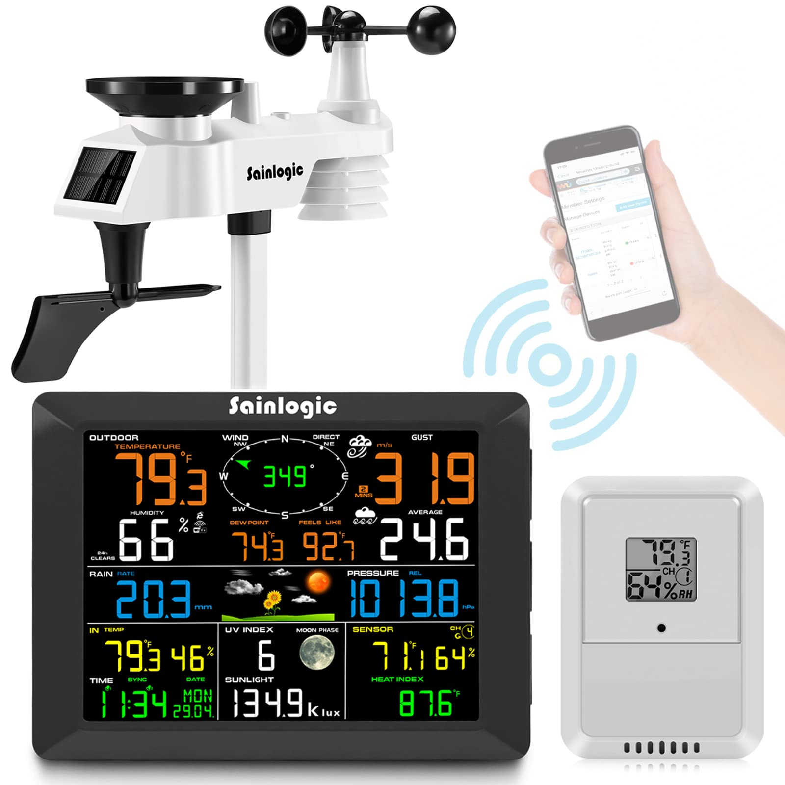 Sainlogic 8.3 Inch Color Display Wireless Weather Station with 7-in-1 Rain Gauge & Wind Sensor - Indoor/Outdoor WiFi Weather Monitor for Home, Garden, Farm - Real-Time Remote Tracking of Temperature, Humidity, Rainfall & Wind Speed