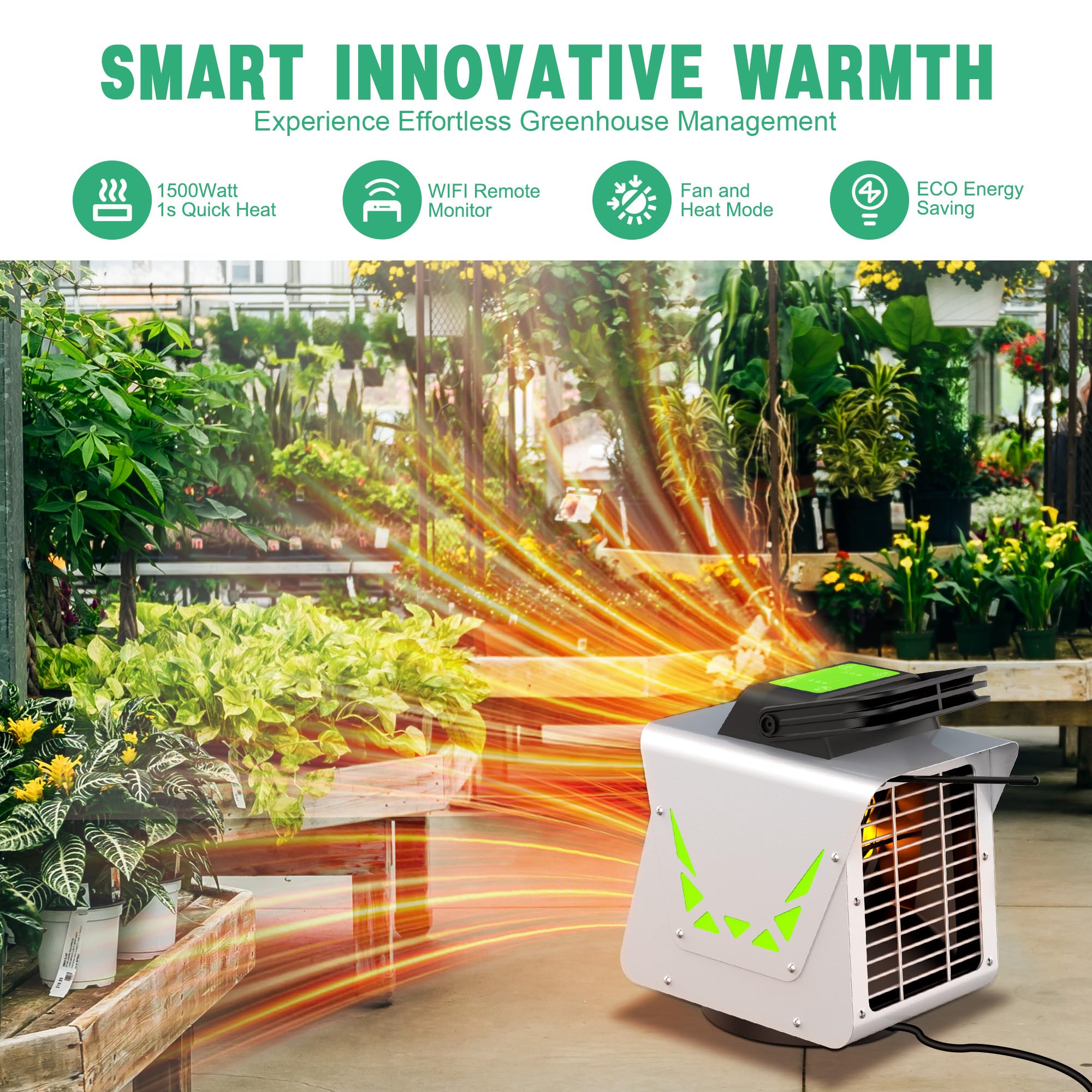 Kiroto 1500W Smart Greenhouse Heater with APP Remote Control & Thermostat - Portable Outdoor Winter Heater for Plants, Vegetables Grow Tent & Garage - Energy Efficient Safe Heating Solution for Indoor Gardening, Hydroponics & Winter Plant Protection