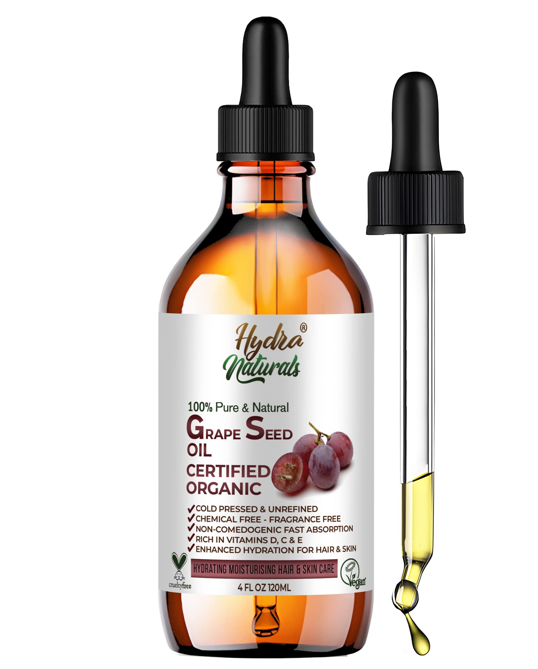 Hydra Naturals 100% Pure Cold Pressed Grapeseed Oil for Skin, Hair & Massage - Unrefined Hexane-Free Non-GMO Carrier Oil - Lightweight Moisturizer & Essential Oil Blend Base - Perfect for DIY Beauty, Aromatherapy & Spa Treatments (120ml)