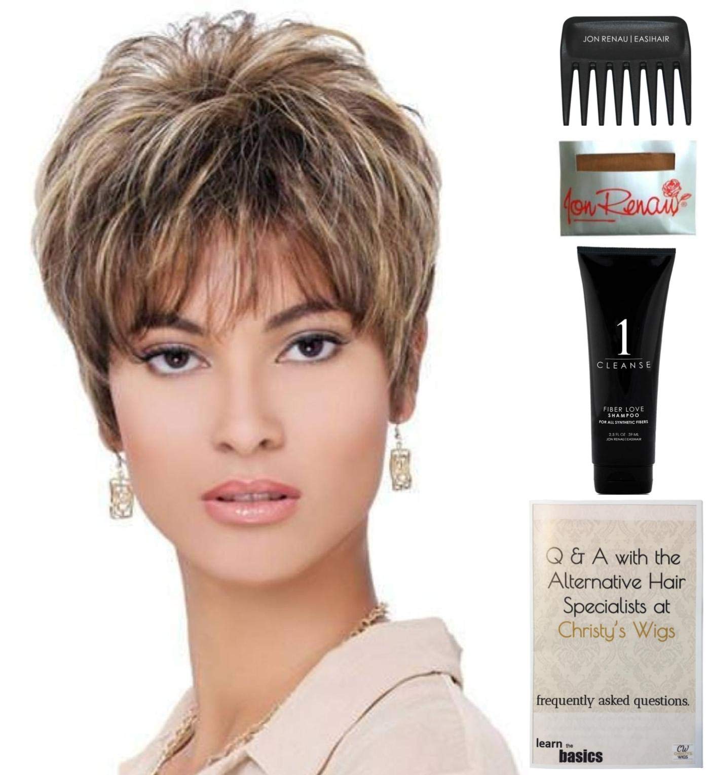 Cheri Wig by Estetica - 5 Piece Bundle with Christy's Wigs Q&A Booklet, Travel Size Wig Shampoo, Wig Cap & Wide Tooth Comb (Color R12/26H) - Perfect for Daily Wear, Cosplay & Hair Loss Solutions