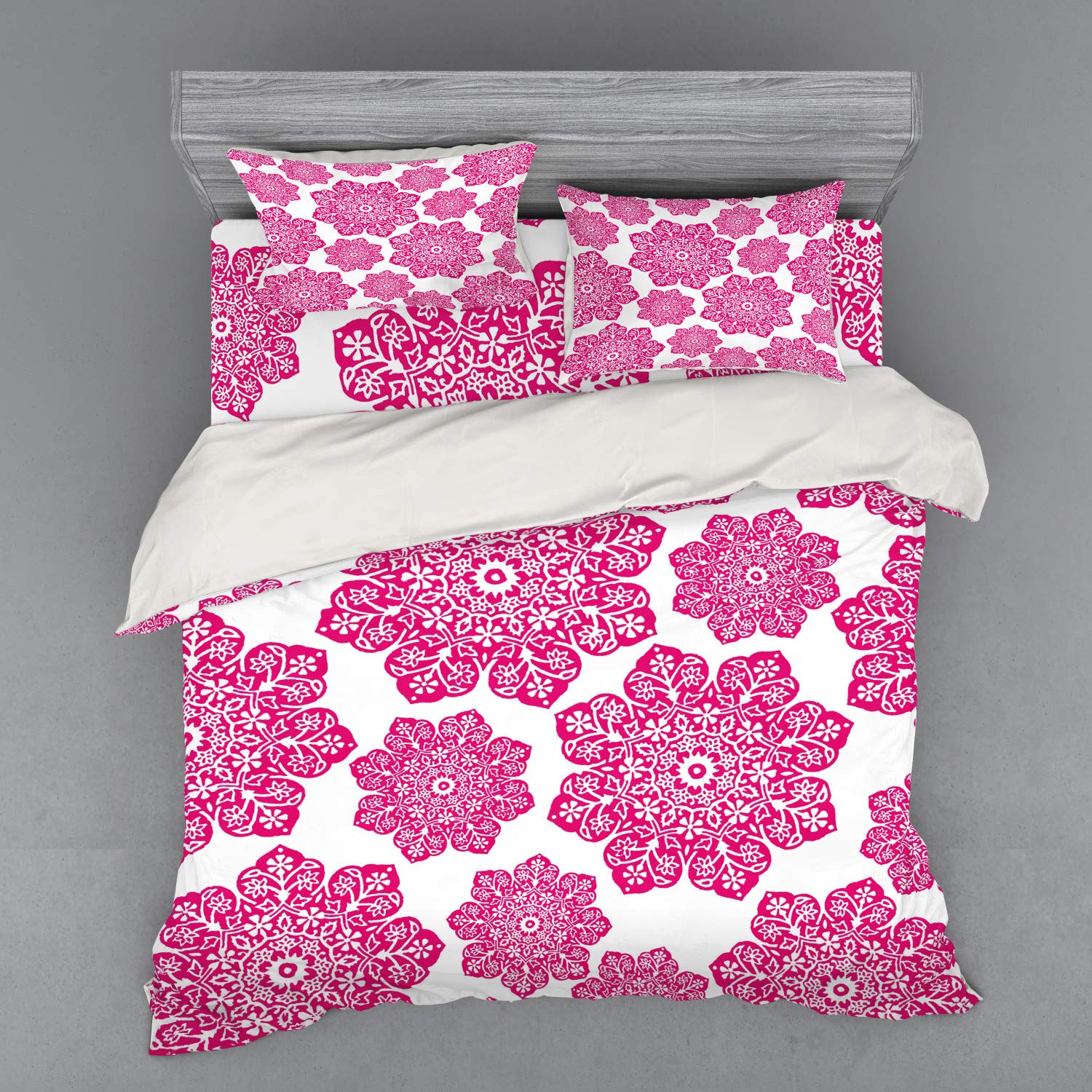 Ambesonne Hot Pink Duvet Cover Set - King Size 4-Piece Batik Floral Mandala Bedding with Shams & Fitted Sheet | Eastern Design for Bohemian & Modern Bedrooms
