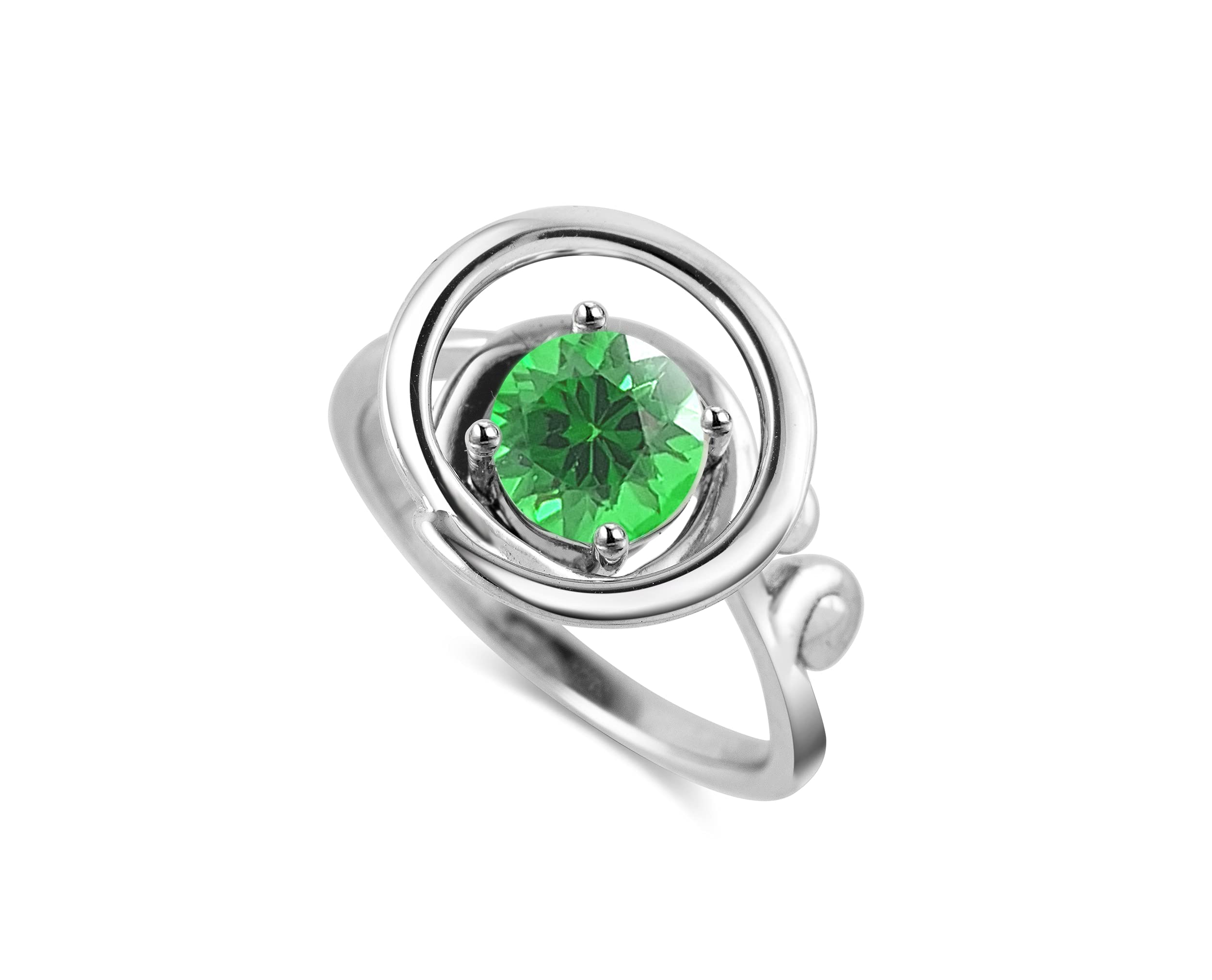 Chrome Diopside Ring for Women - May Birthstone Solitaire Ring in Sterling Silver - Unique Wave Circle Ring for Everyday Wear & Special Occasions
