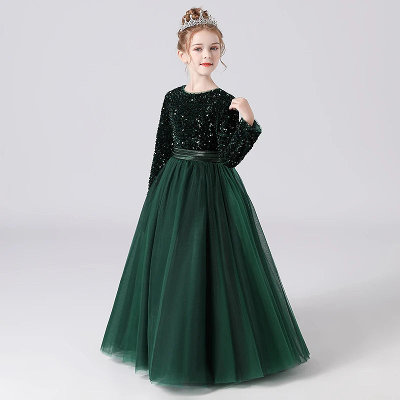 Sparkling Princess Gown for Pageant & Party - Long Sleeve Flower Girl Dress - Perfect for Weddings, Birthday Parties & Special Occasions