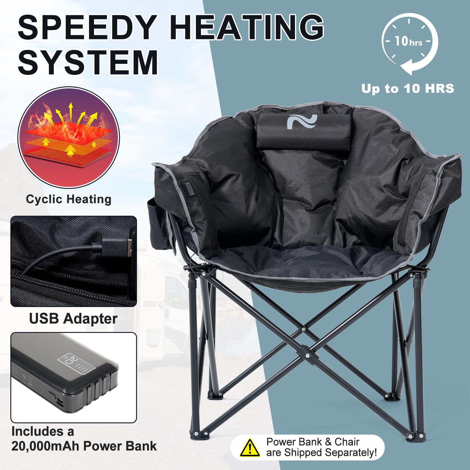 MOPHOTO Heated Camping Chair for Adults - Portable Oversized Padded Folding Chair with Heating - Outdoor Sports, Lawn, Patio & Lounge Use - Perfect for Camping, Fishing, Hunting & Backyard Relaxation
