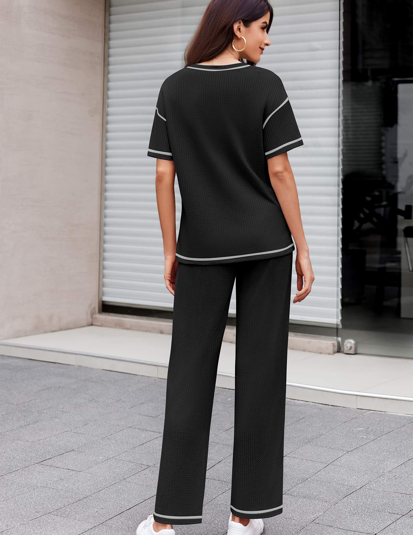 Ekouaer Women's Waffle Knit Lounge Set - Soft Short Sleeve Top & Comfy Long Pants Pajama Set with Pockets | Cozy 2-Piece Loungewear for Sleep, Relaxation & Home Wear