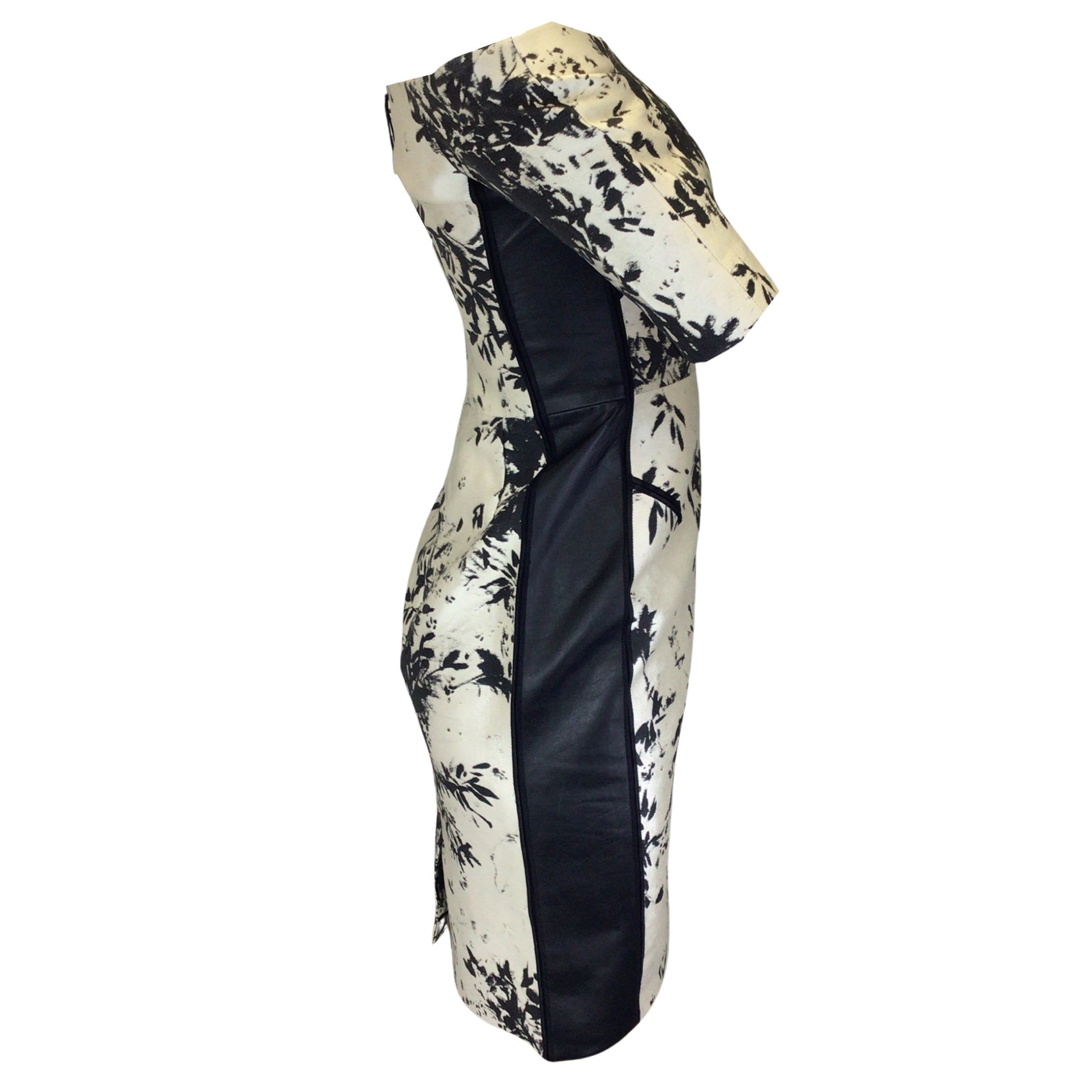 J. Mendel Champagne & Black Lambskin Leather Trim Off-Shoulder Jacquard Dress for Evening Gala & Special Occasions