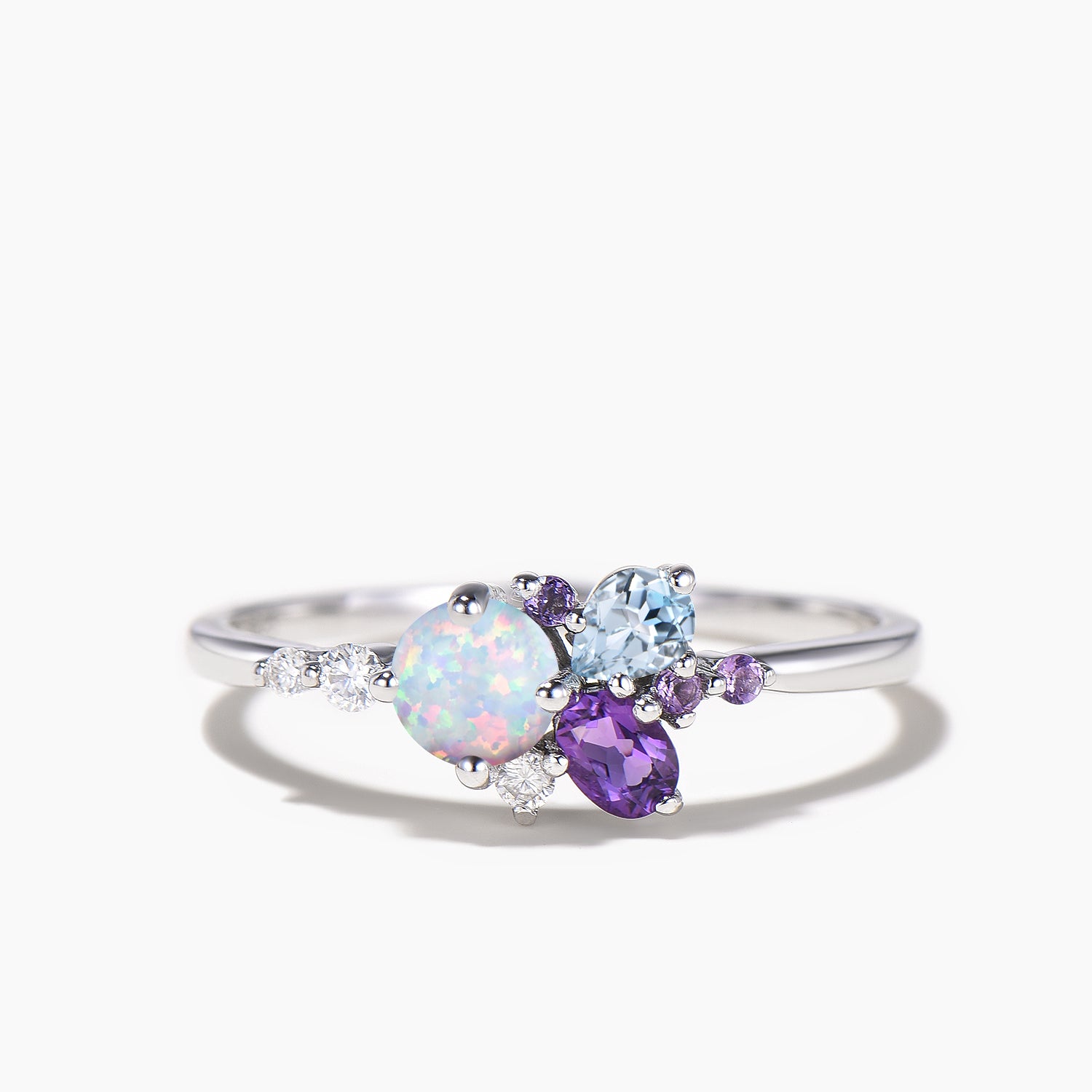 Round Cut Opal Engagement Ring - Aquamarine & Amethyst Mixed Cut Cluster Wedding Ring for Women, Perfect for Proposals, Anniversaries, and Bridal Jewelry Gifts