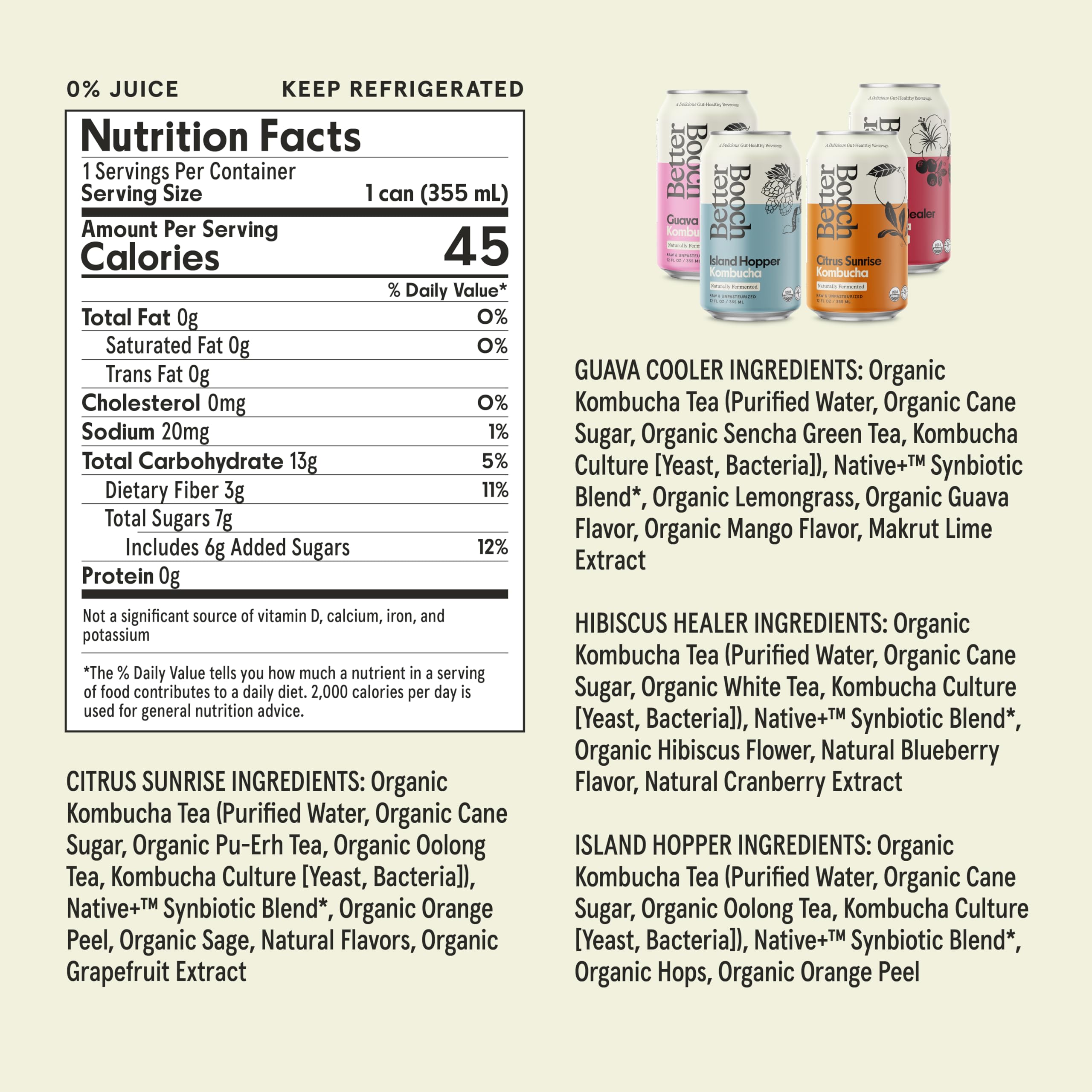 Better Booch Organic Kombucha - Probiotic & Antioxidant Rich Raw Sparkling Tea - Low Sugar, Vegan, Gluten Free - Gut Healthy Active Cultures, 12 Fl Oz Cans, 12-Pack (Tropical Variety Pack) | Refreshing Drink for Gut Health, Energy Boost & Wellness | Perfect for Yoga, Workouts & Healthy Lifestyle