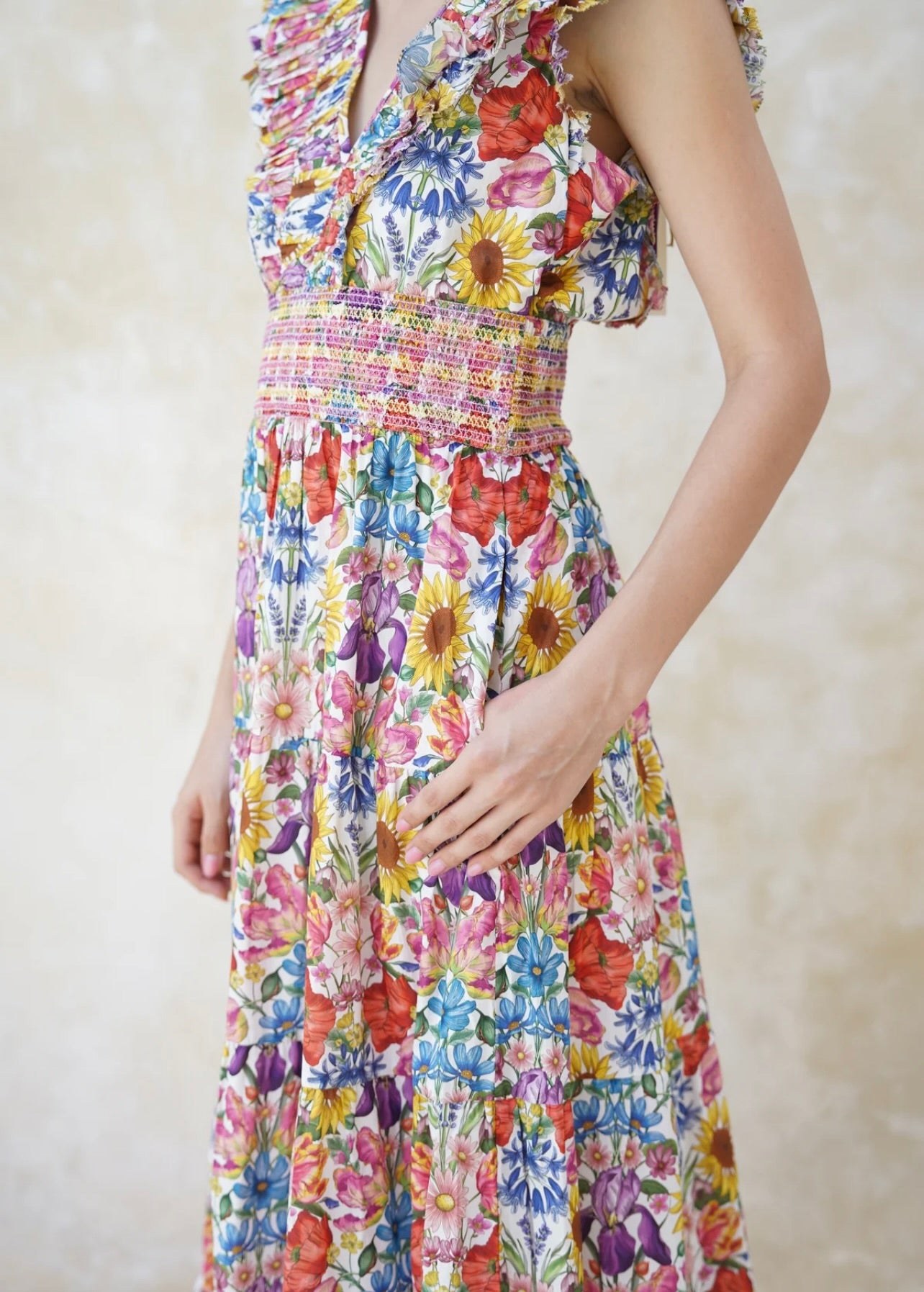 Maribel Midi Dress - Women's Floral Summer Dress with Puff Sleeves | Perfect for Beach Vacations, Date Nights & Outdoor Weddings