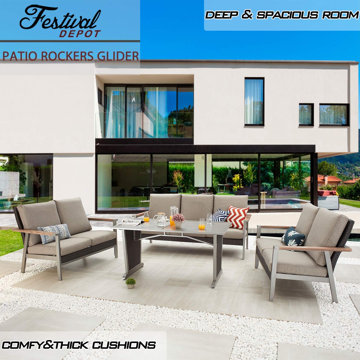 Festival Depot Patio Loveseat with Wicker Back & Thick Cushions - Metal Frame Outdoor Furniture for Garden, Deck, Backyard - Dark Grey - Perfect for Relaxing, Entertaining & Outdoor Lounging