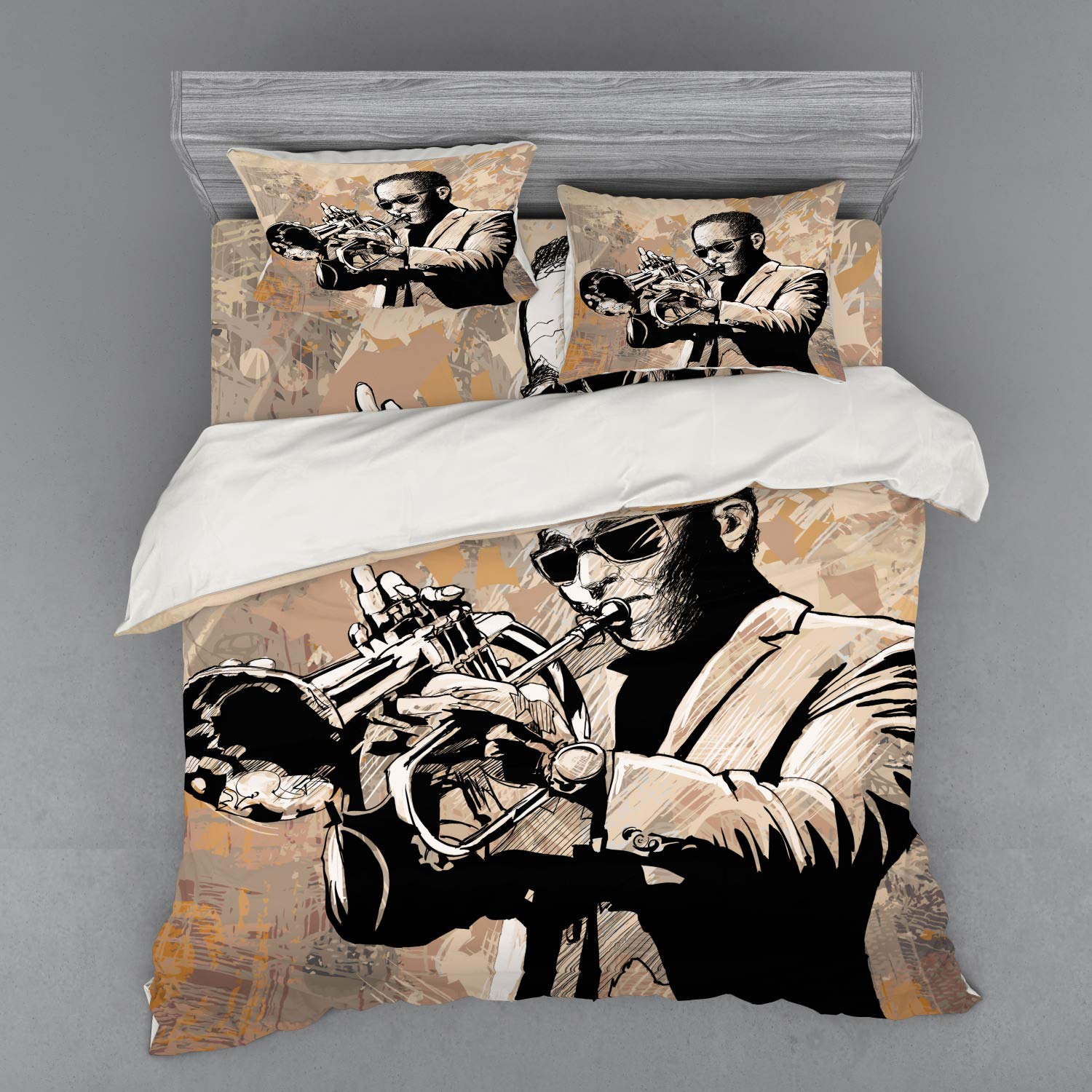 Ambesonne Jazz Music 4-Piece King Size Bedding Set - Grunge Style Musician with Sunglasses Playing Trumpet Duvet Cover, Shams & Fitted Sheet in Beige & Black | Perfect for Jazz Lovers' Bedroom Decor & Music Themed Guest Rooms