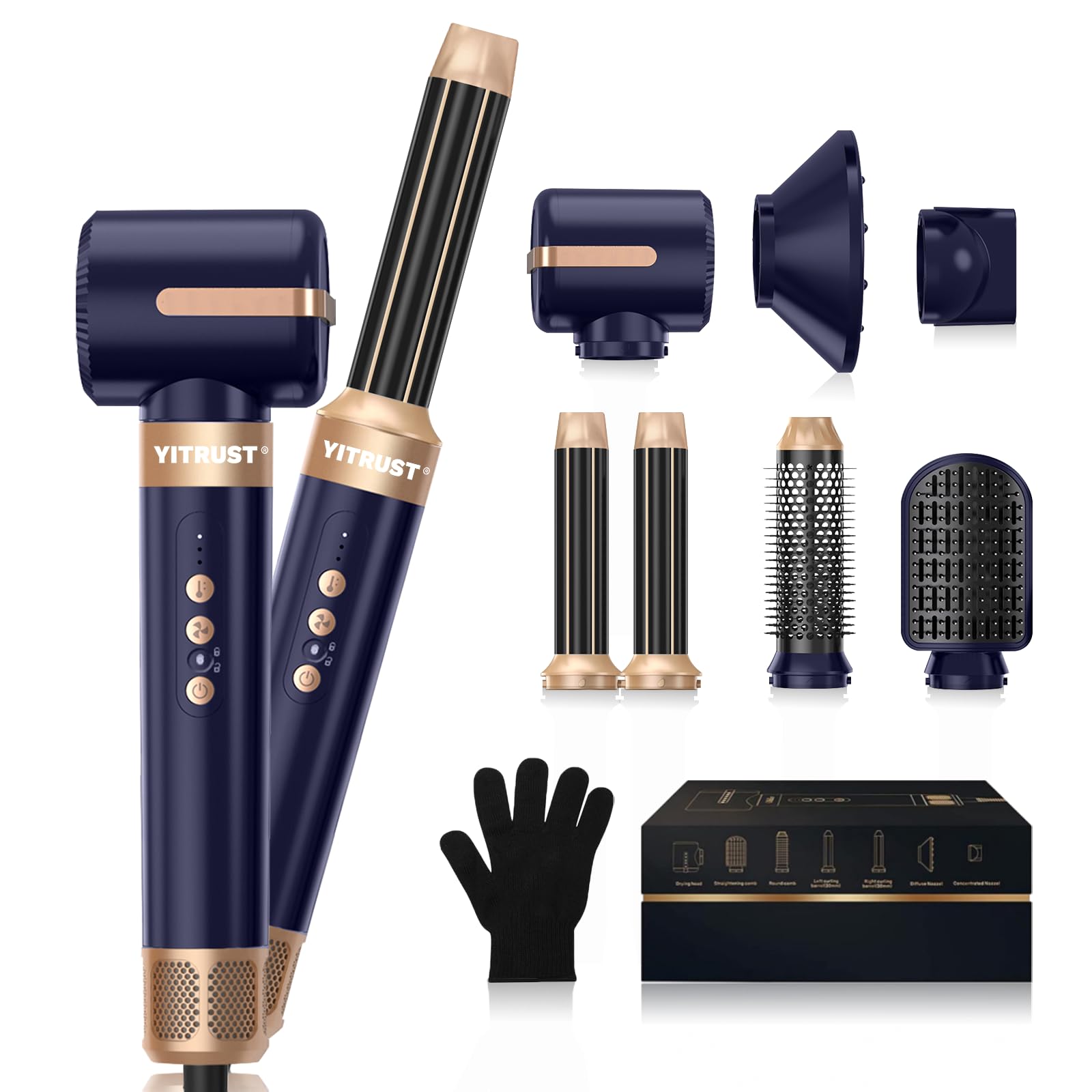 Professional Ionic Hair Dryer Brush - 110,000 RPM Hot Air Styler, 7-in-1 Curling & Straightening Tool with Auto Air Curler (Blue) | Perfect for Salon-Quality Blowouts, Beach Waves & Smooth Styles at Home