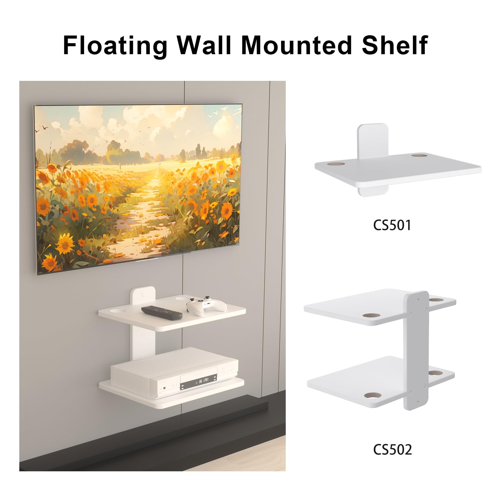 Suptek Floating TV Shelf - Wooden Wall Mounted Shelves for DVD Players, Cable Boxes, Routers & Game Consoles - Holds 15.4lbs - 2 Pack - Modern Living Room Decor - Perfect for Home Theater Setup & Media Organization (CS502W)