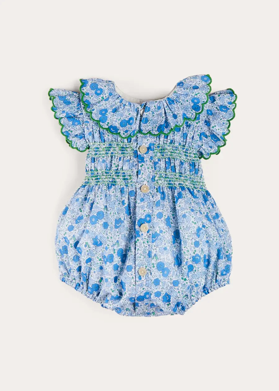 Olivia Floral Smocked Ruffle Collar Sleeveless Romper for Baby Girls - Blue (6 Months to 2 Years) | Perfect for Summer Outfits, Photoshoots & Special Occasions
