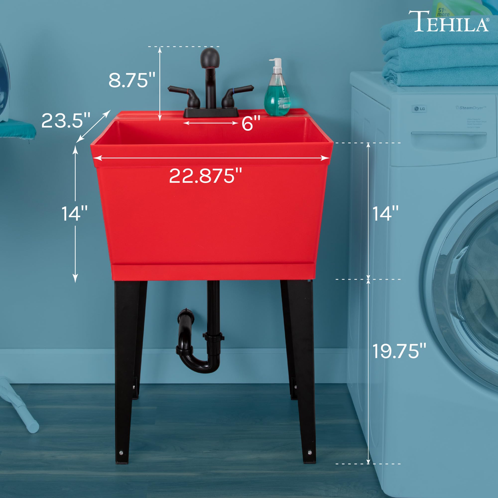 Heavy-Duty Red Utility Sink with Pull-Out Faucet for Laundry Room, Basement, Garage & Workshop - Perfect for Washing Clothes, Cleaning Tools & DIY Projects