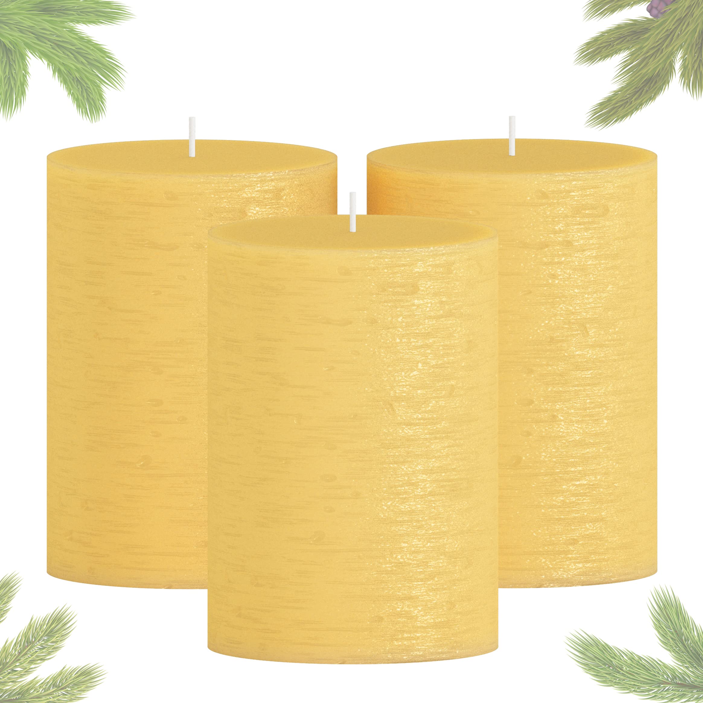 CANDWAX 3x4 Inch Unscented Pillar Candles Set of 3 - Rustic Decorative Non-Drip Candles for Weddings & Home Decor - Gold Luxury Candles for Centerpieces, Dining Tables & Romantic Ambiance