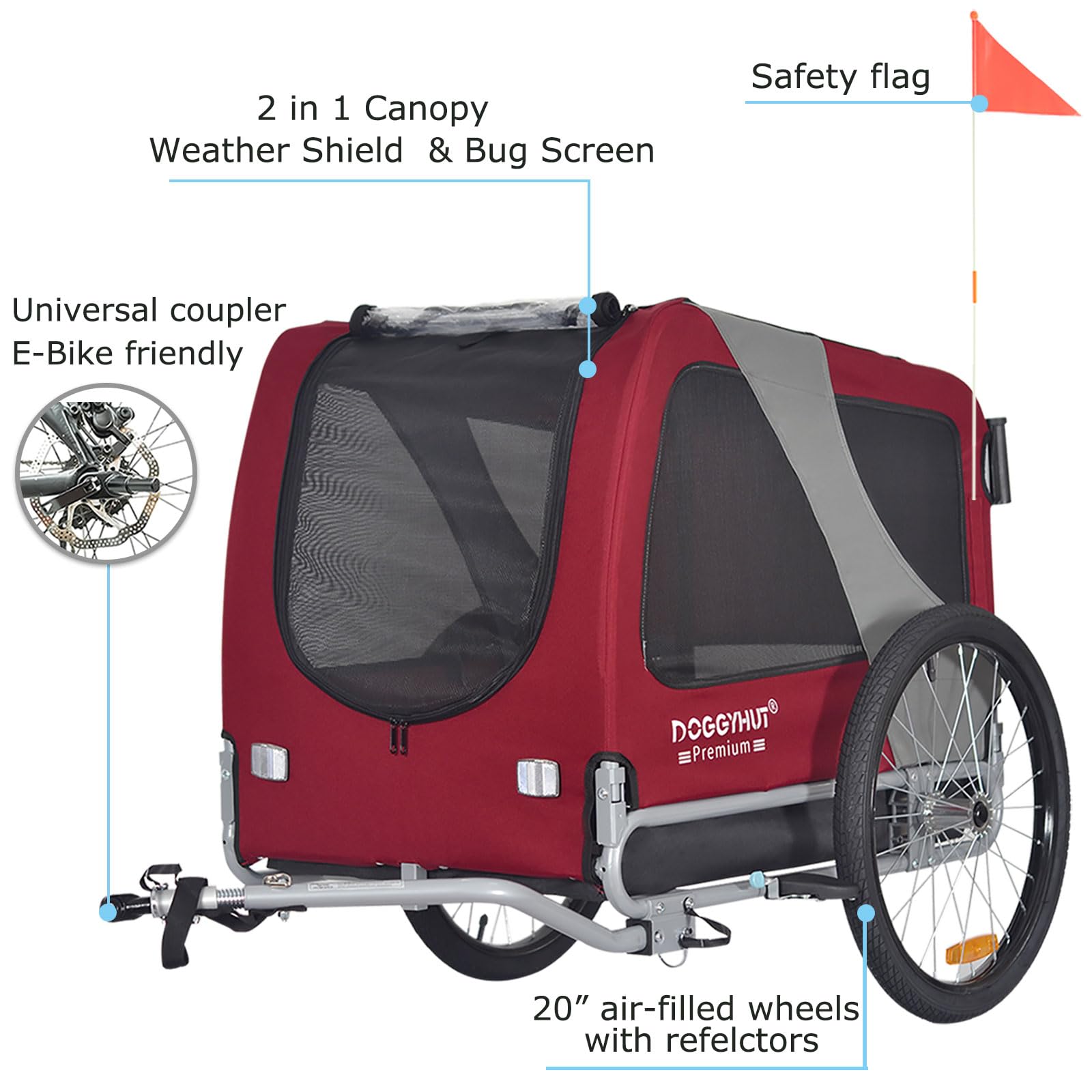 DOGGYHUT® Premium Large/XL Pet Bike Trailer & Stroller - Heavy Duty Bicycle Carrier for Large Dogs or Multiple Small Pets - Low Center Gravity, Parking Brakes, Easy Fold Frame - Perfect for Cycling, Jogging, Park Outings & Outdoor Adventures