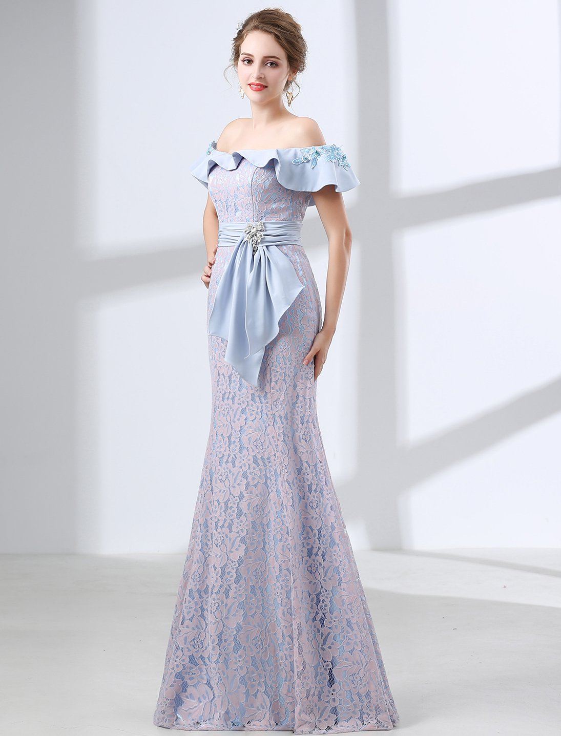 Elegant Pink Lace Mermaid Prom Dress for Women - Off Shoulder Long Evening Gown with Flounce Details | Perfect for Homecoming, Formal Dances, Weddings & Special Occasions