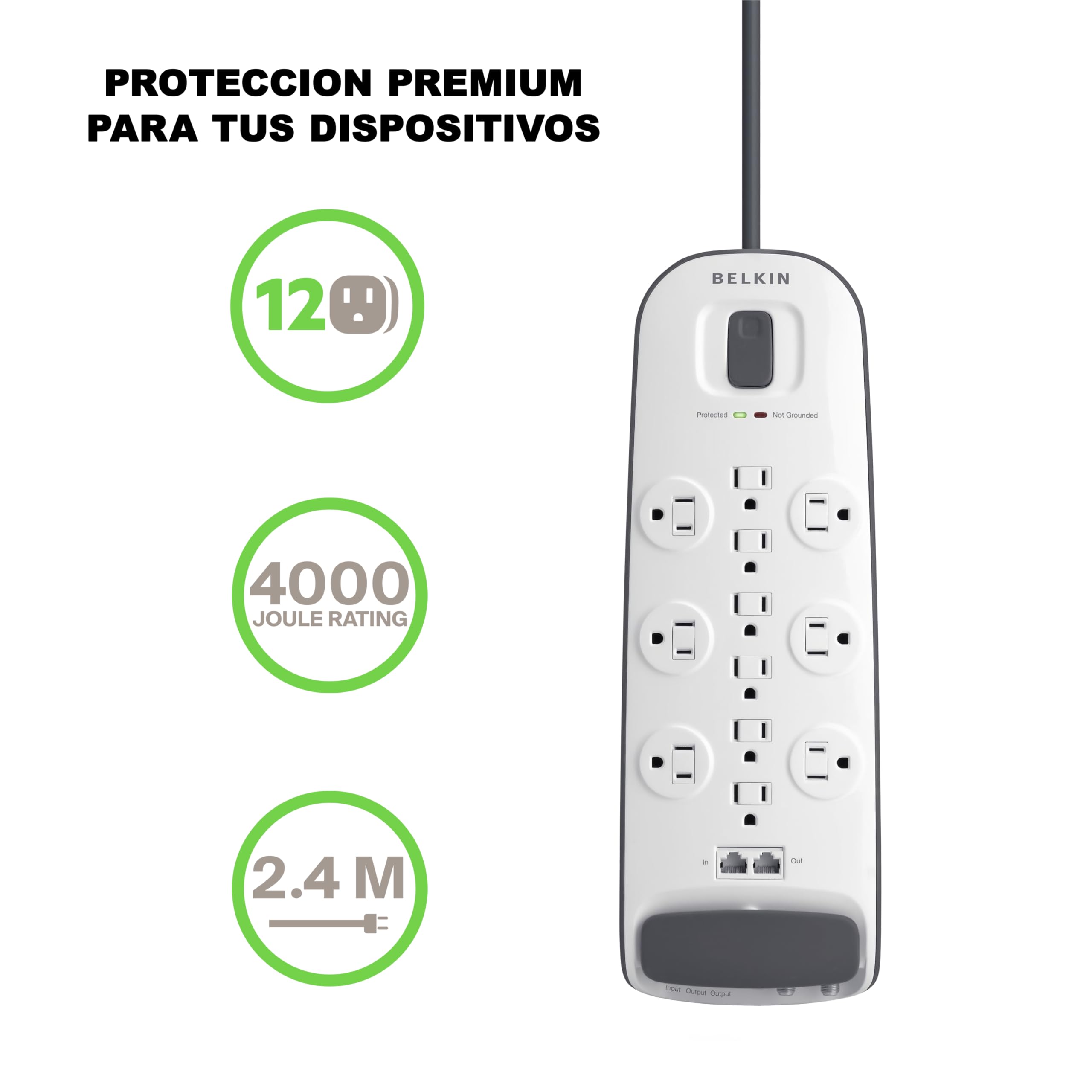 Belkin 12-Outlet Surge Protector Power Strip with 8 ft Extension Cord, 3996 Joules Protection, Ethernet & Coaxial Cable Protection - Ideal for Home Office, Computer Setup, Phone Charging & Travel Accessories