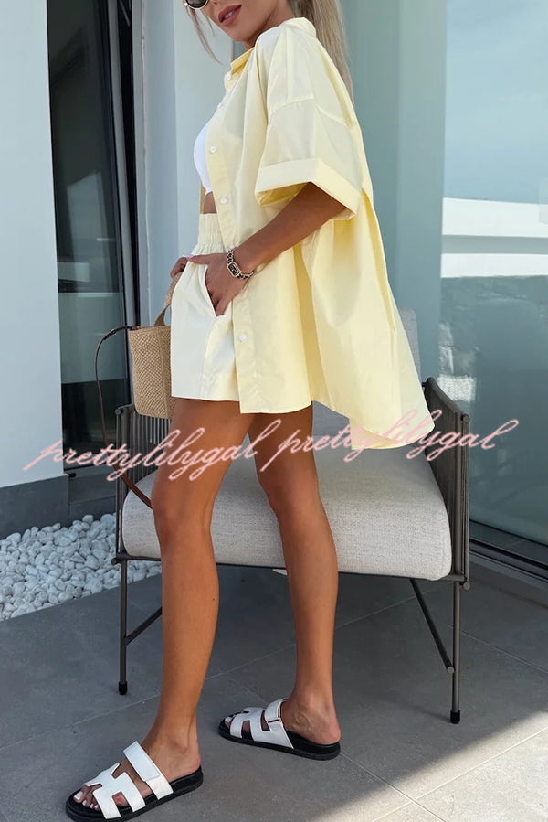 Women's Summer Casual Loose Short Sleeve Shirt & Elastic High Waist Shorts Set - Comfortable Outfit for Beach Vacation, Streetwear and Daily Wear