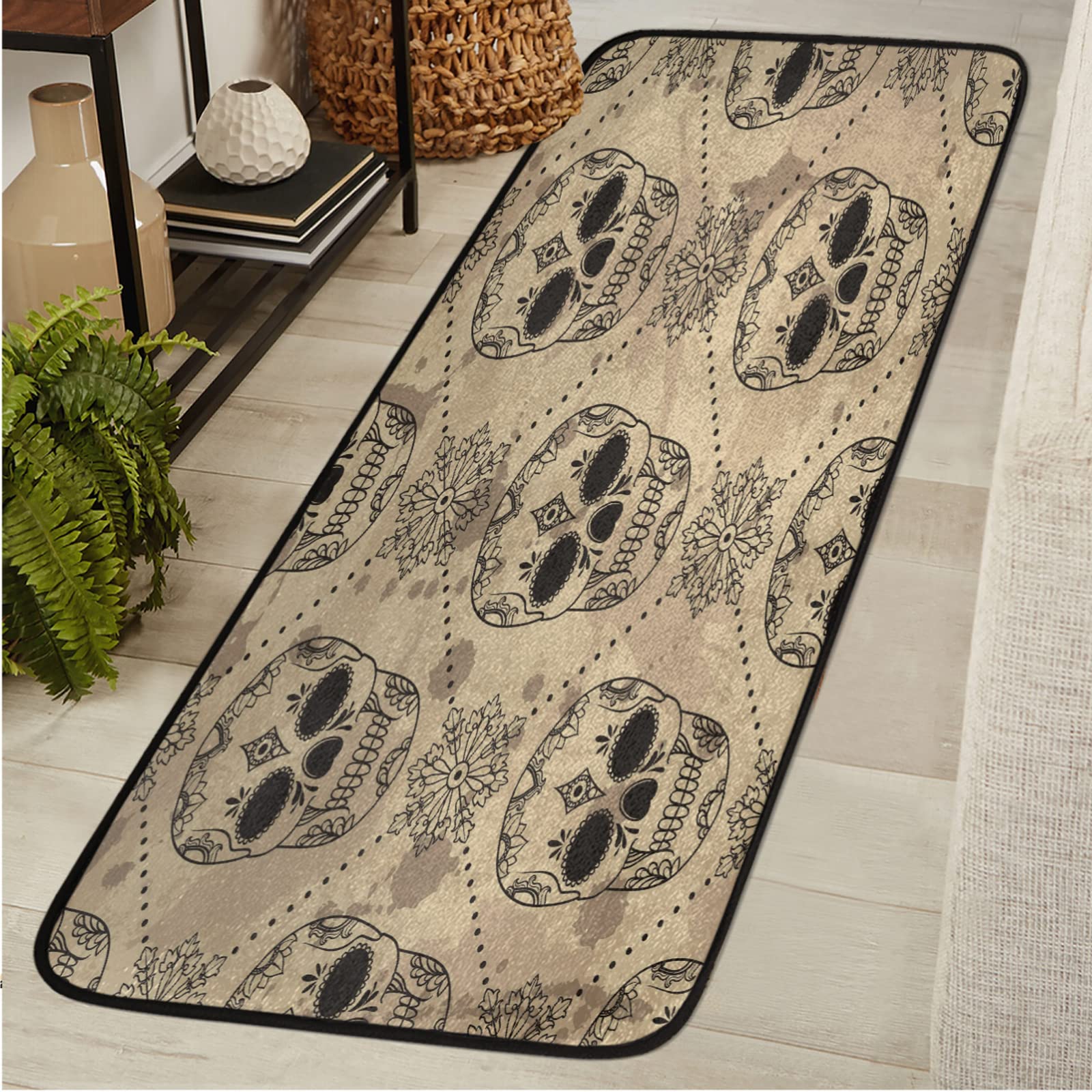 Non-Slip Sugar Skull Runner Rug 2'x6' - Washable Kitchen, Laundry, Bedroom, Bathroom & Hallway Floor Mat - Perfect for Entryways, High-Traffic Areas & Bohemian Home Decor