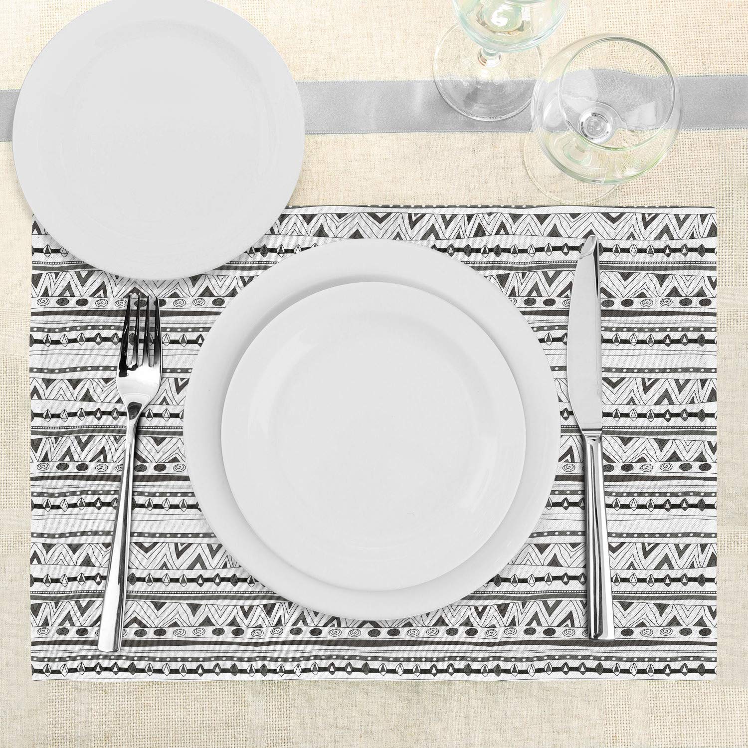 Ambesonne Tribal Placemats Set of 4 - Aztec Geometric Pattern with Circles & Triangles - Washable Fabric Dining Table Mats - Standard Size Charcoal Grey & White - Perfect for Boho Home Decor, Dinner Parties & Kitchen Table Settings