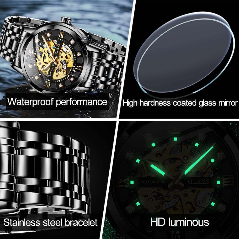 OLEVS Automatic Skeleton Watches for Men - Luxury Mechanical Gold Wristwatch with Diamond Accents, Stainless Steel Case, Waterproof & Luminous - Perfect for Business, Formal Events & Gift Giving