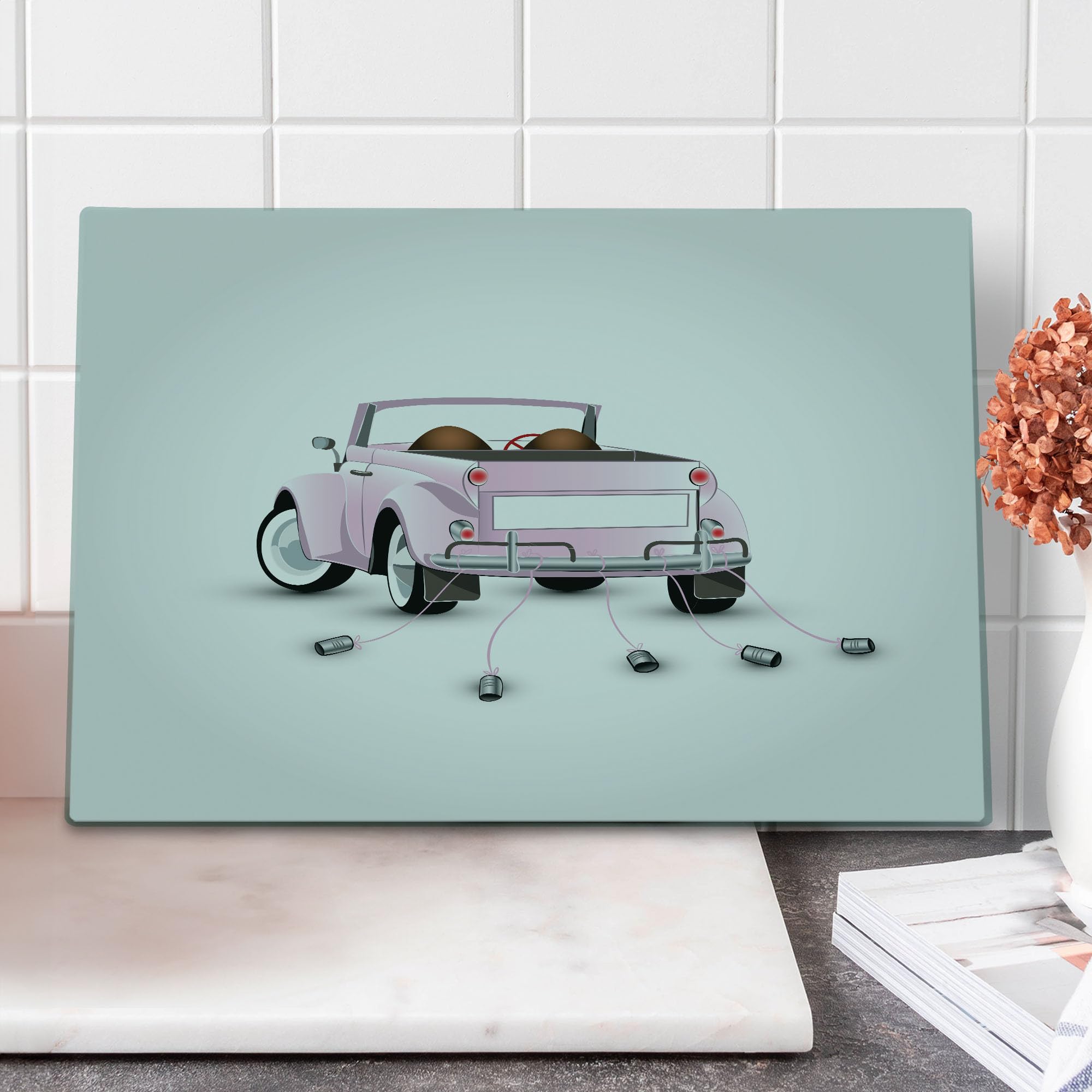 Ambesonne Cars Themed Wedding Cutting Board - Just Married Open Roof Top Car Love Print for Bride & Groom - Large Pink & White Tempered Glass Serving Board - Perfect for Wedding Gifts, Bridal Showers & Kitchen Decor