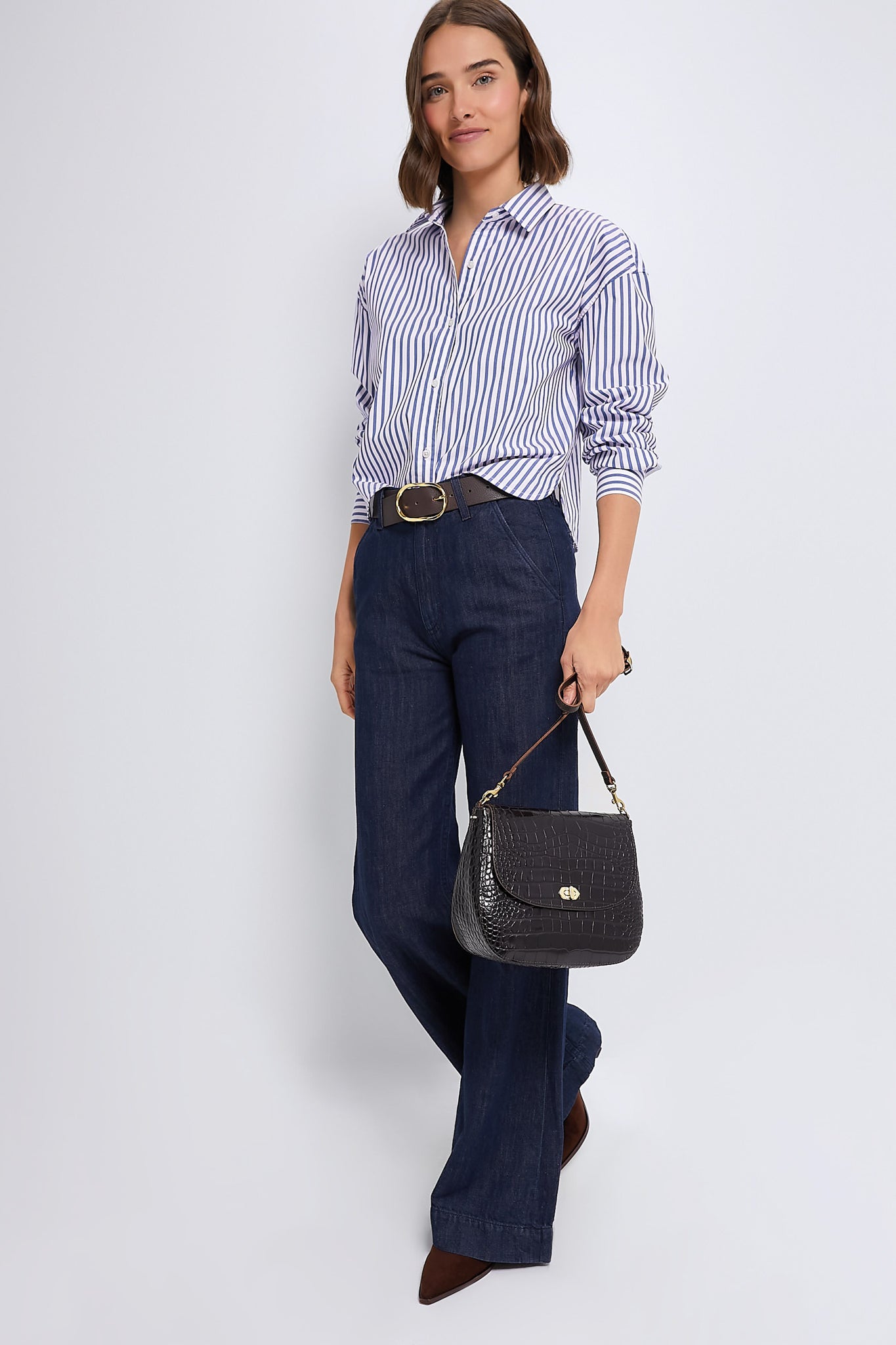 Blue Stripe Cropped Jasper Button Down Shirt for Women | Casual Office Wear & Summer Outfits | Lightweight Cotton Blouse with Short Sleeves