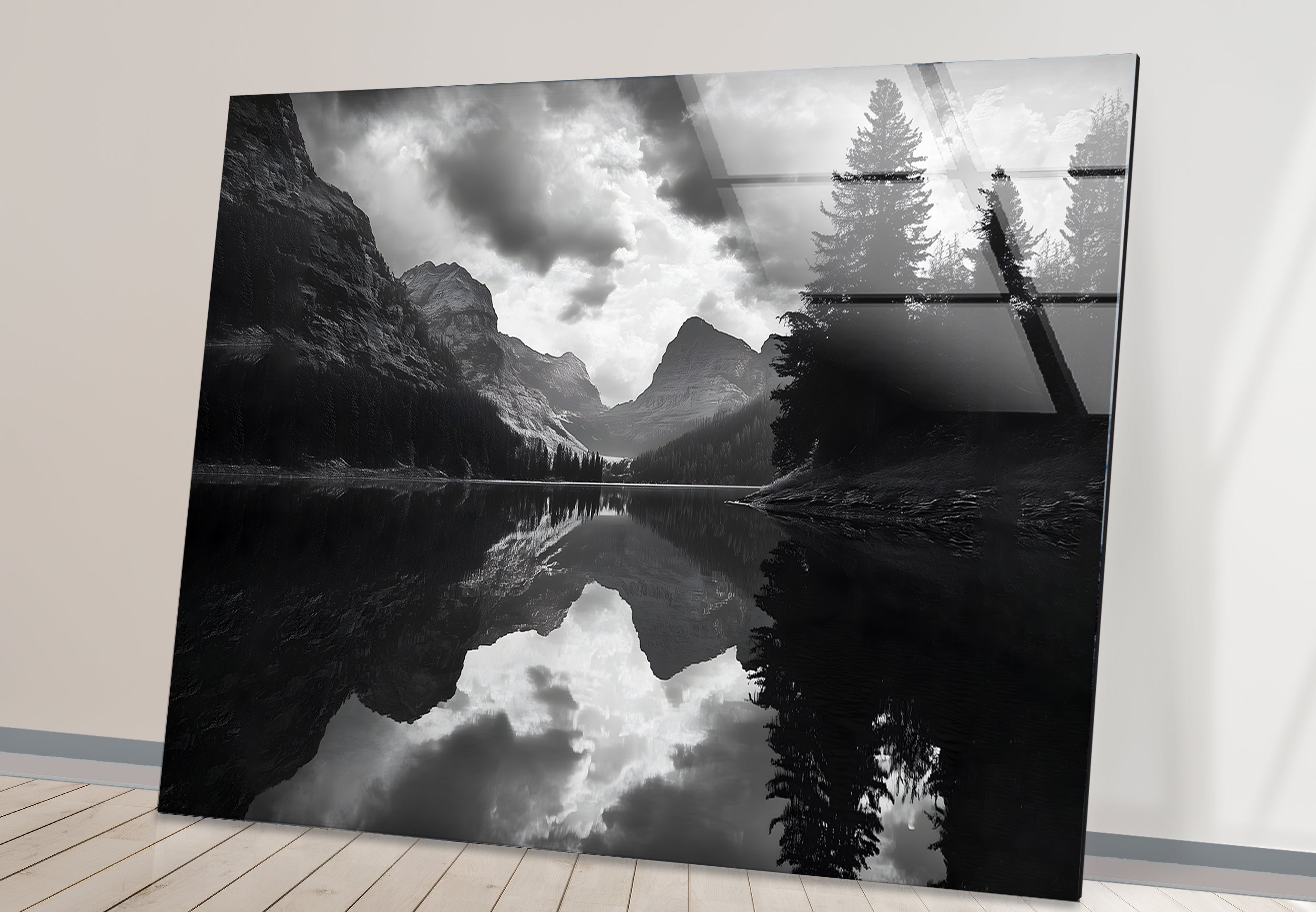 Black and White Lake Landscape Glass Wall Art - Modern Home Decor for Living Room, Bedroom, Office - Perfect for Nature Lovers & Minimalist Interior Design