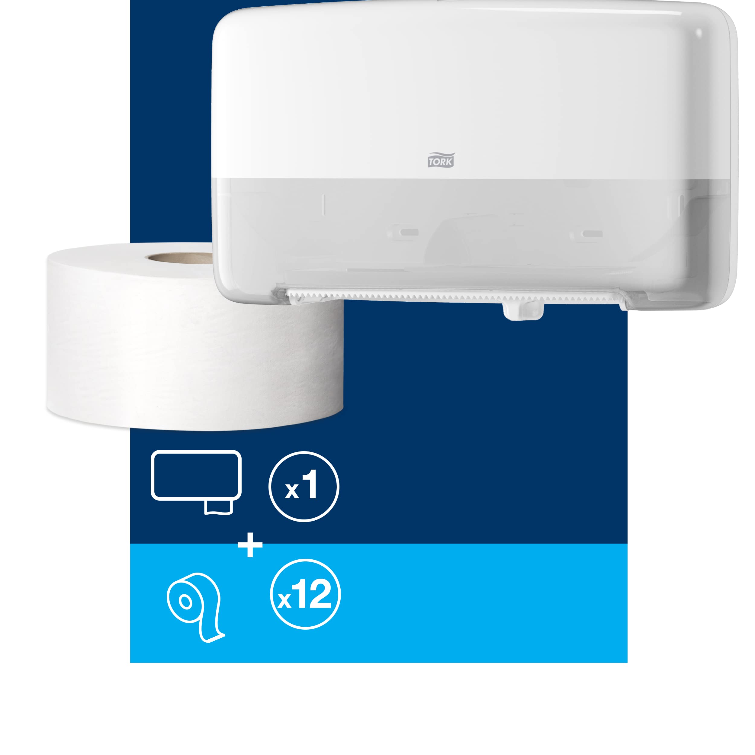 Tork Twin Mini Jumbo Toilet Paper Roll Dispenser with Refill - White, Soft Bath Tissue (12 Rolls x 1075 Sheets) - Space-Saving Bathroom & Office Solution