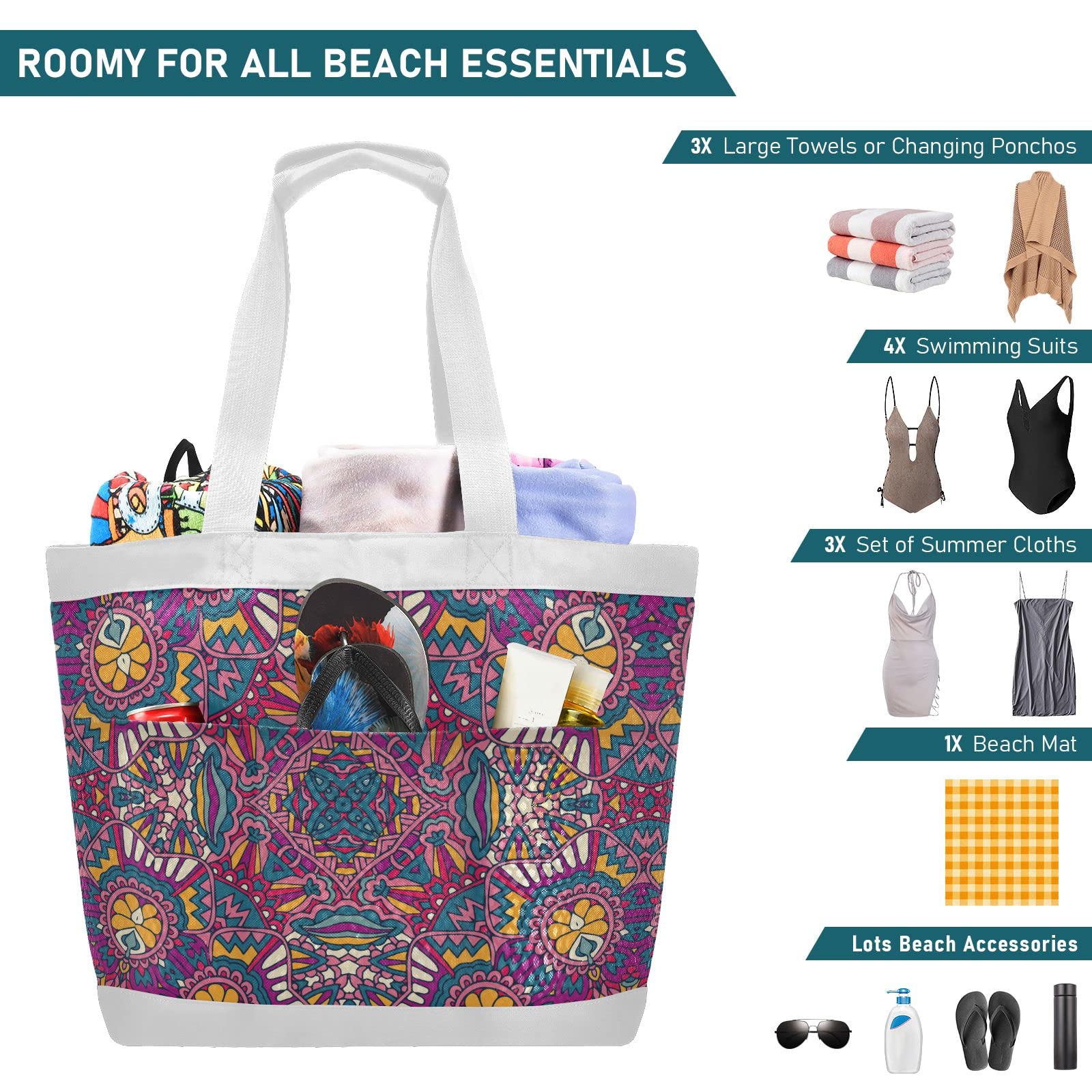 J JOYSAY Tribal Ethnic Floral Mesh Beach Tote Bag - Large Reusable Women's Beach Bag for Travel, Yoga, Grocery Shopping | Perfect for Seaside, Pool Parties & Summer Vacations