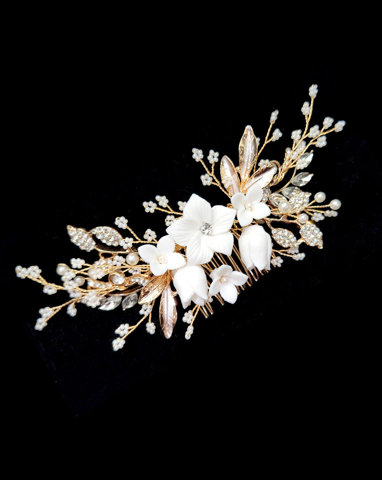 Elegant Porcelain Floral Hair Comb - Millie by Johnny B Collection at Kezani | Perfect for Bridal Hair Accessories, Weddings & Special Occasions